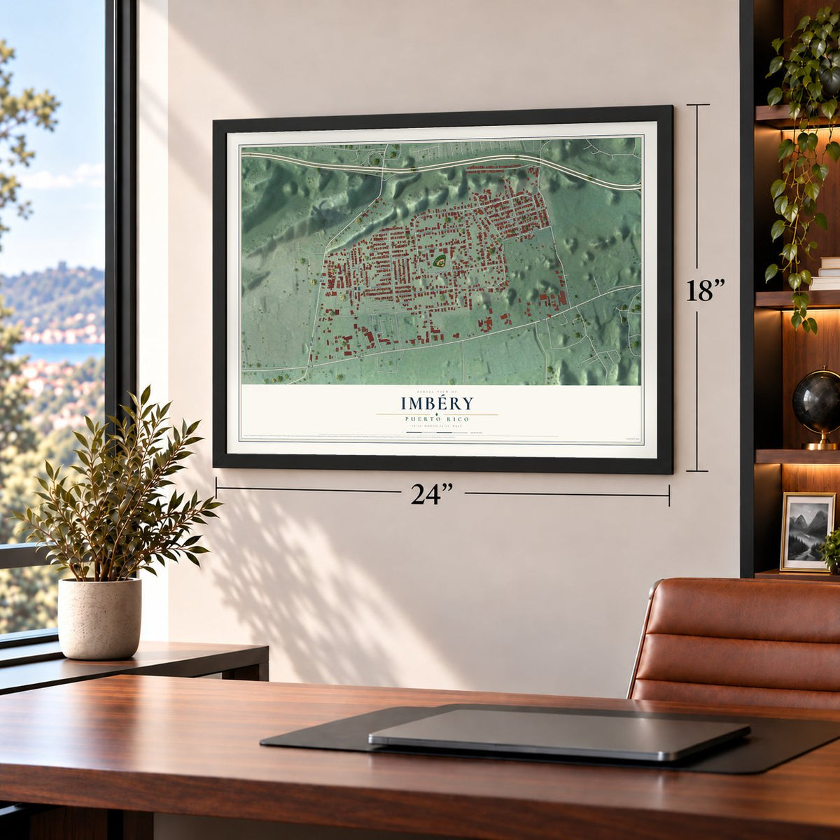 Imbéry, Puerto Rico map, 18 x 24 inch print in a black frame in a home office