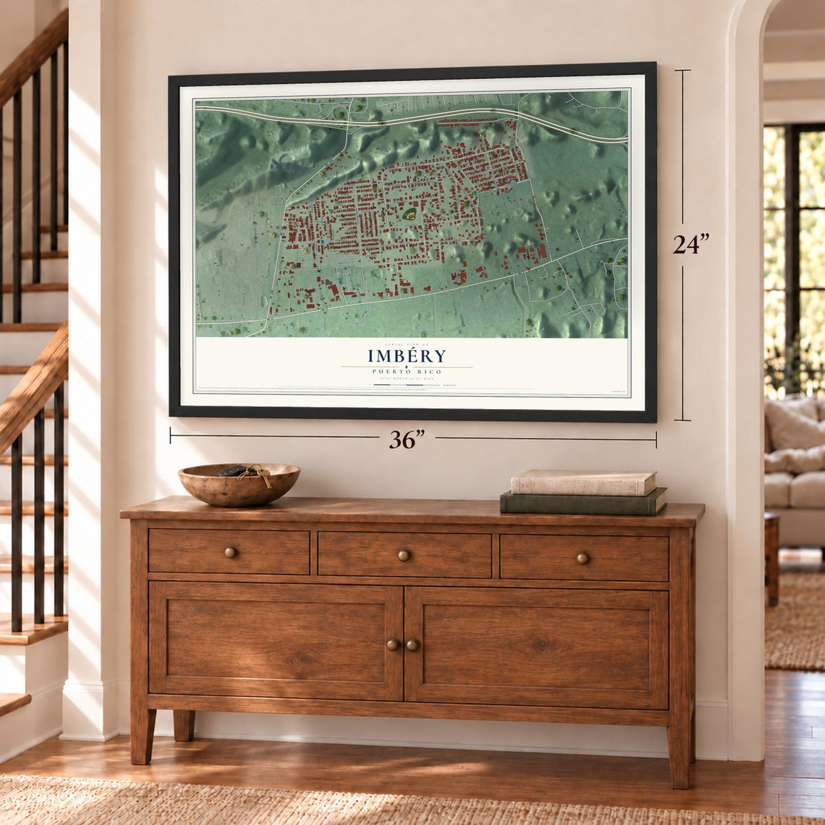 Imbéry, Puerto Rico map, 24 x 36 inch print in a black frame above a dresser by a staircase