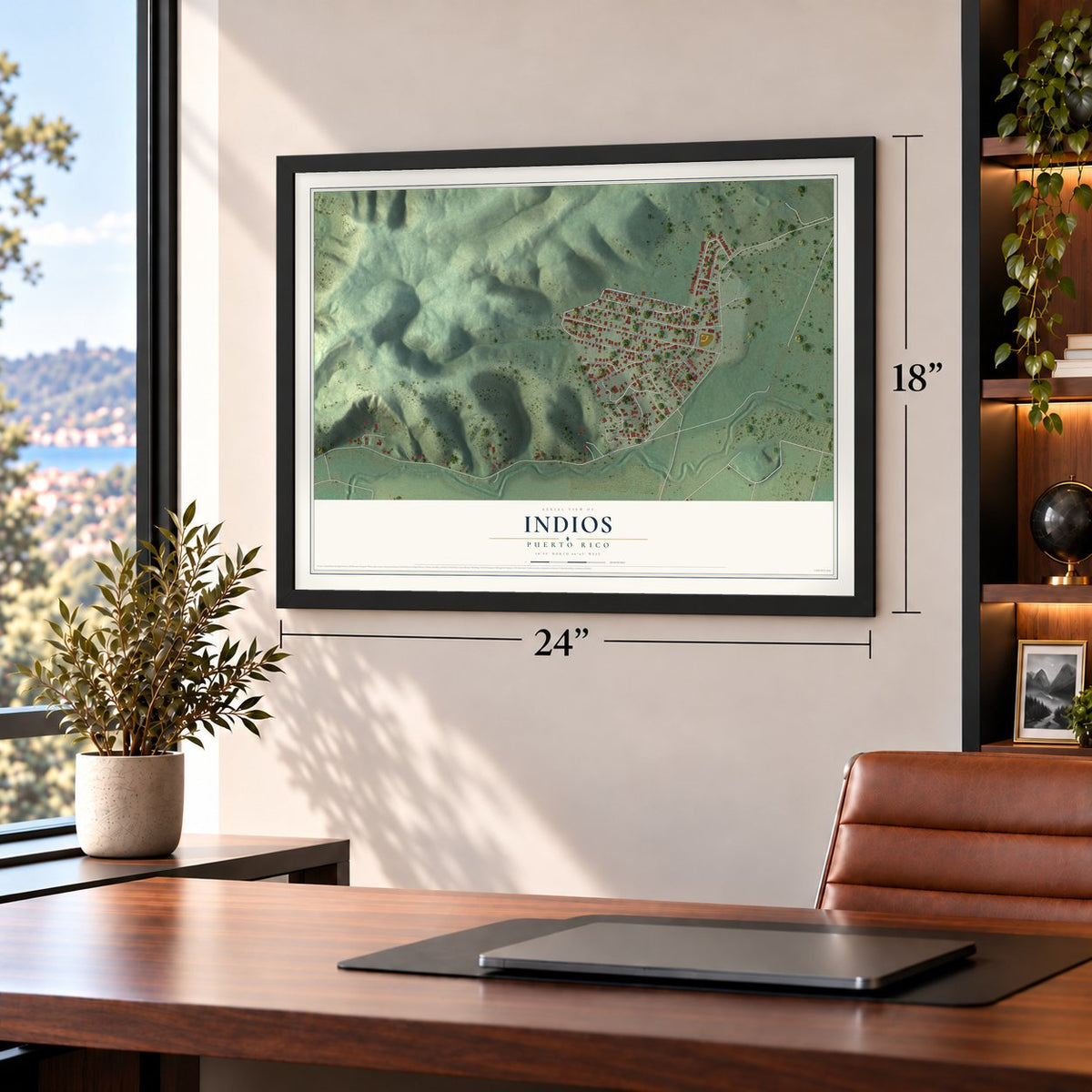 Indios, Puerto Rico map, 18 x 24 inch print in a black frame in a home office