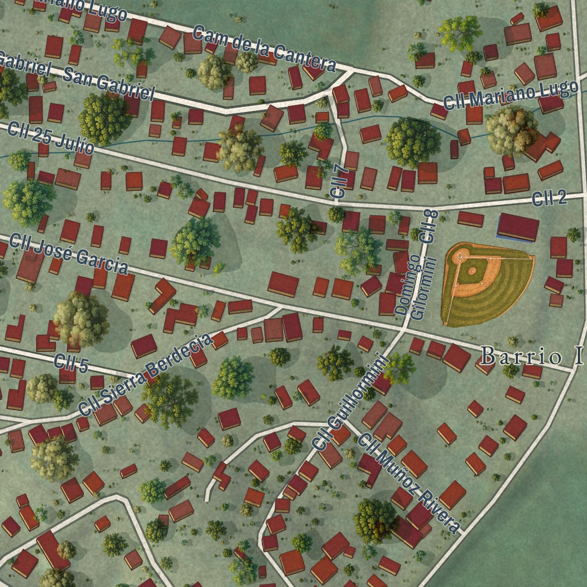 Close-up of the map of Indios, Puerto Rico print showing street and building detail
