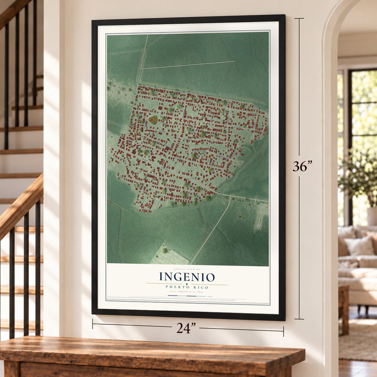 Ingenio, Puerto Rico map, 24 x 36 inch print in a black frame by a staircase
