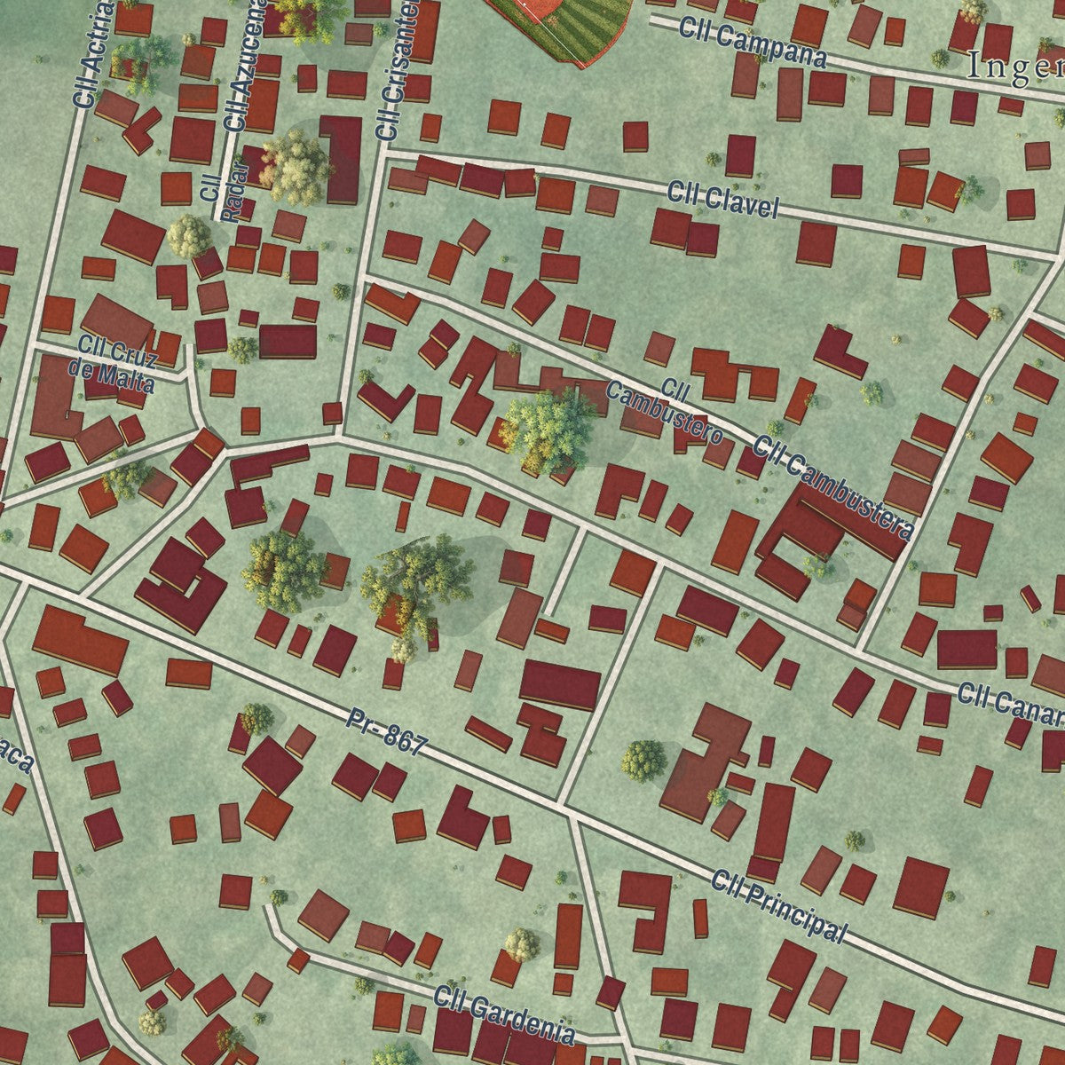 Close-up of the map of Ingenio, Puerto Rico print showing street and building detail