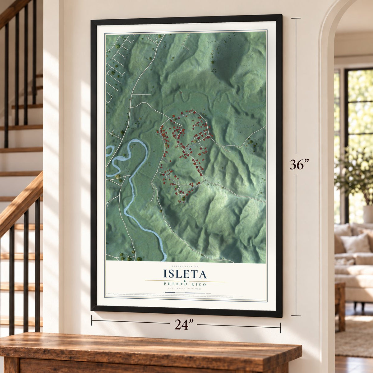 Isleta, Puerto Rico map, 24 x 36 inch print in a black frame by a staircase