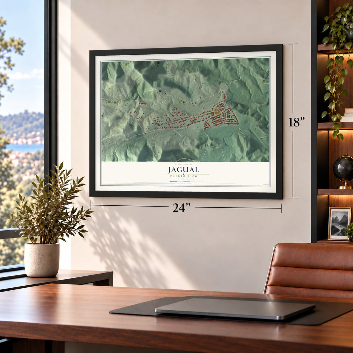 Jagual, Puerto Rico map, 18 x 24 inch print in a black frame in a home office