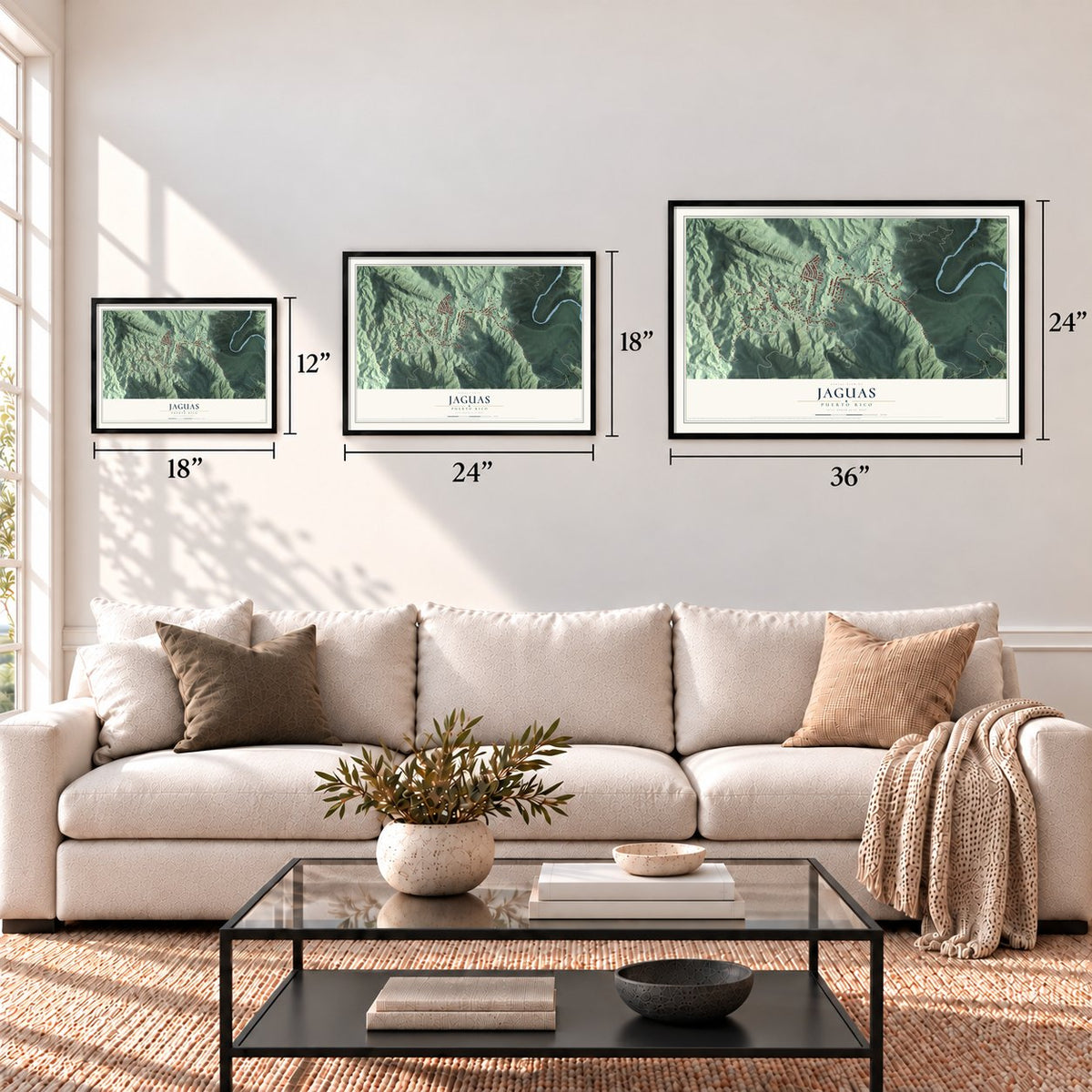 Jaguas, Puerto Rico map in 12 x 18, 18 x 24 and 24 x 36 inch sizes above a sofa