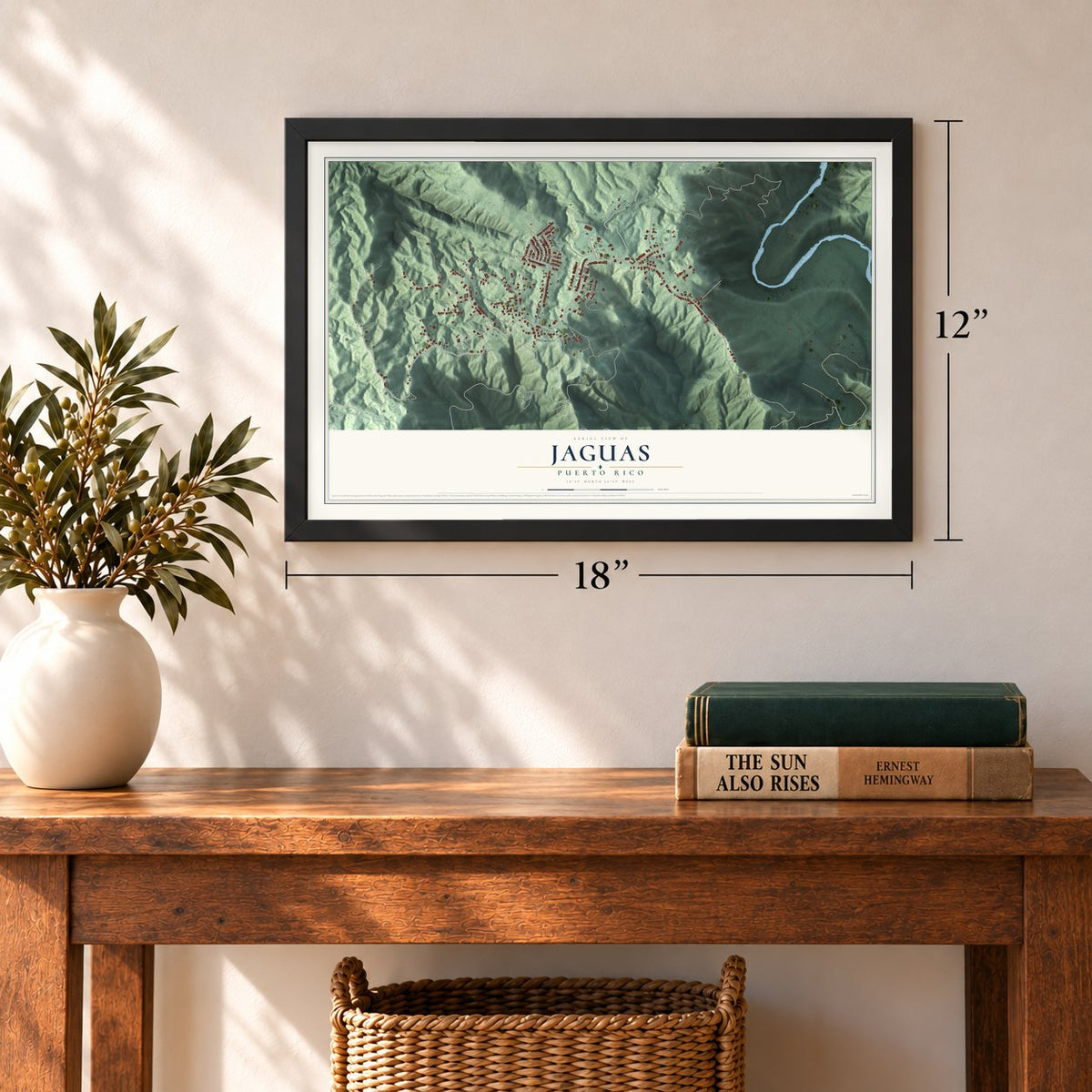 Jaguas, Puerto Rico map, 12 x 18 inch print in a black frame in an entryway