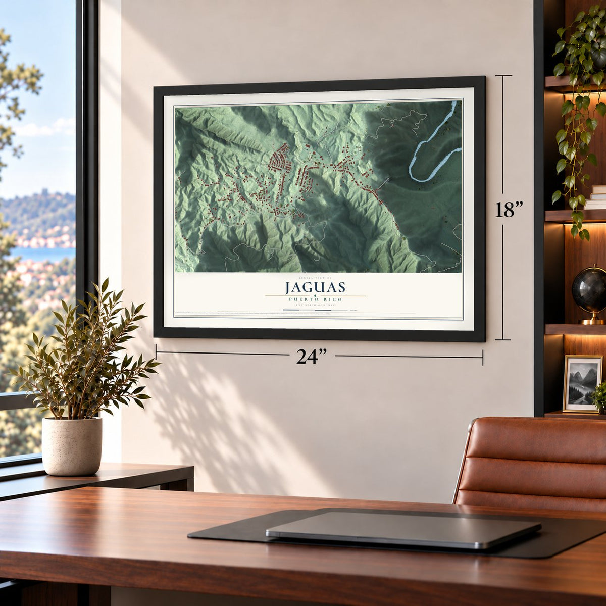 Jaguas, Puerto Rico map, 18 x 24 inch print in a black frame in a home office