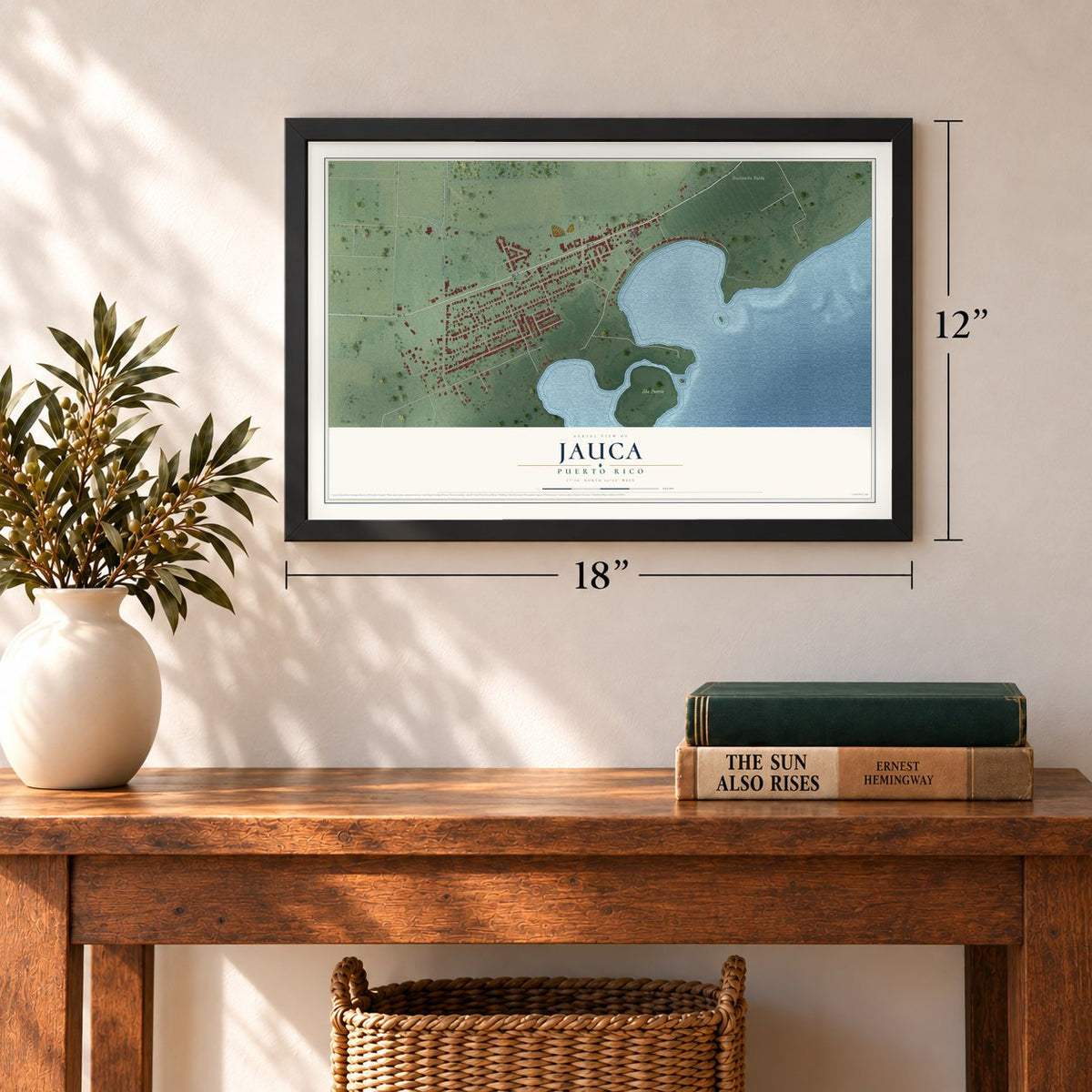 Jauca, Puerto Rico map, 12 x 18 inch print in a black frame in an entryway