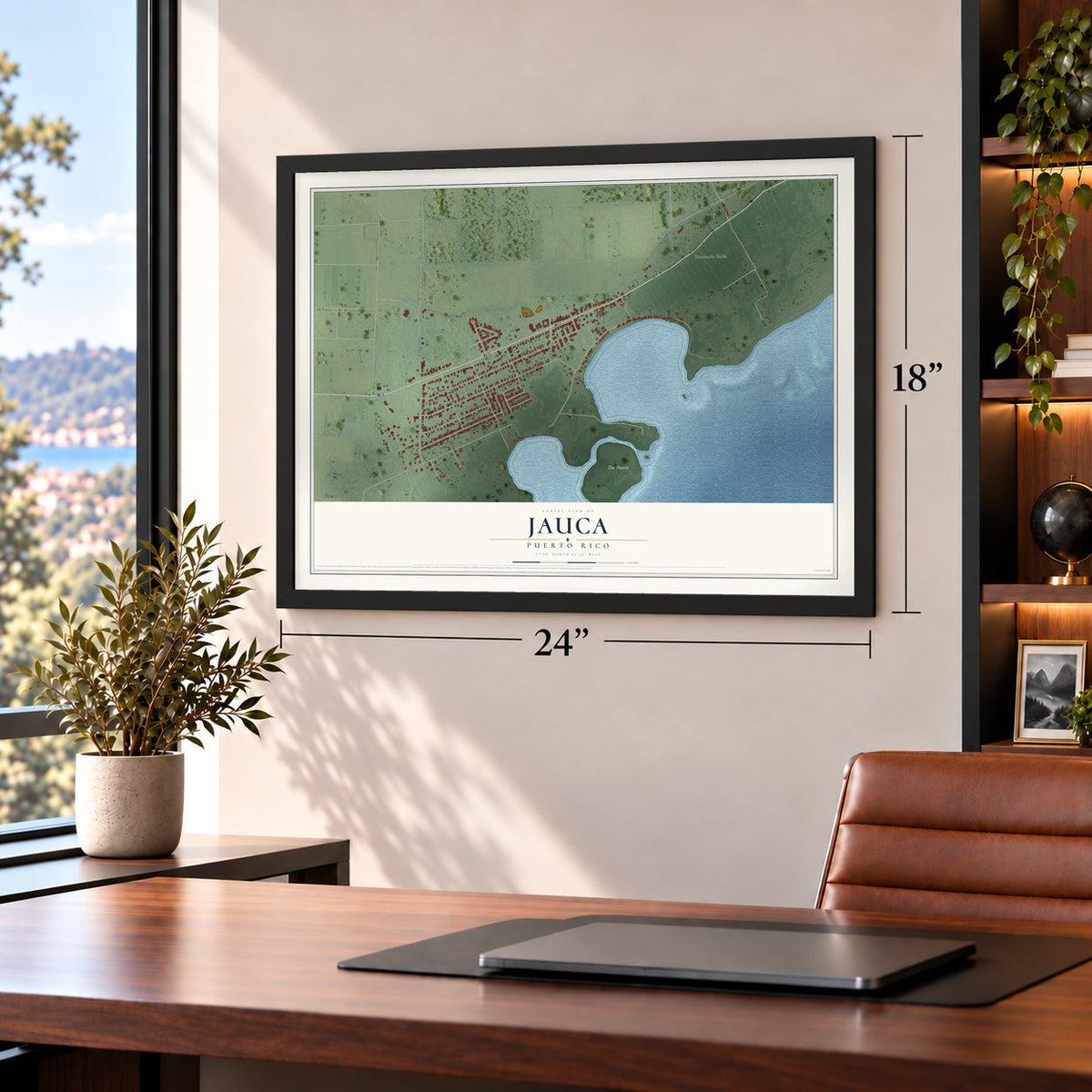 Jauca, Puerto Rico map, 18 x 24 inch print in a black frame in a home office