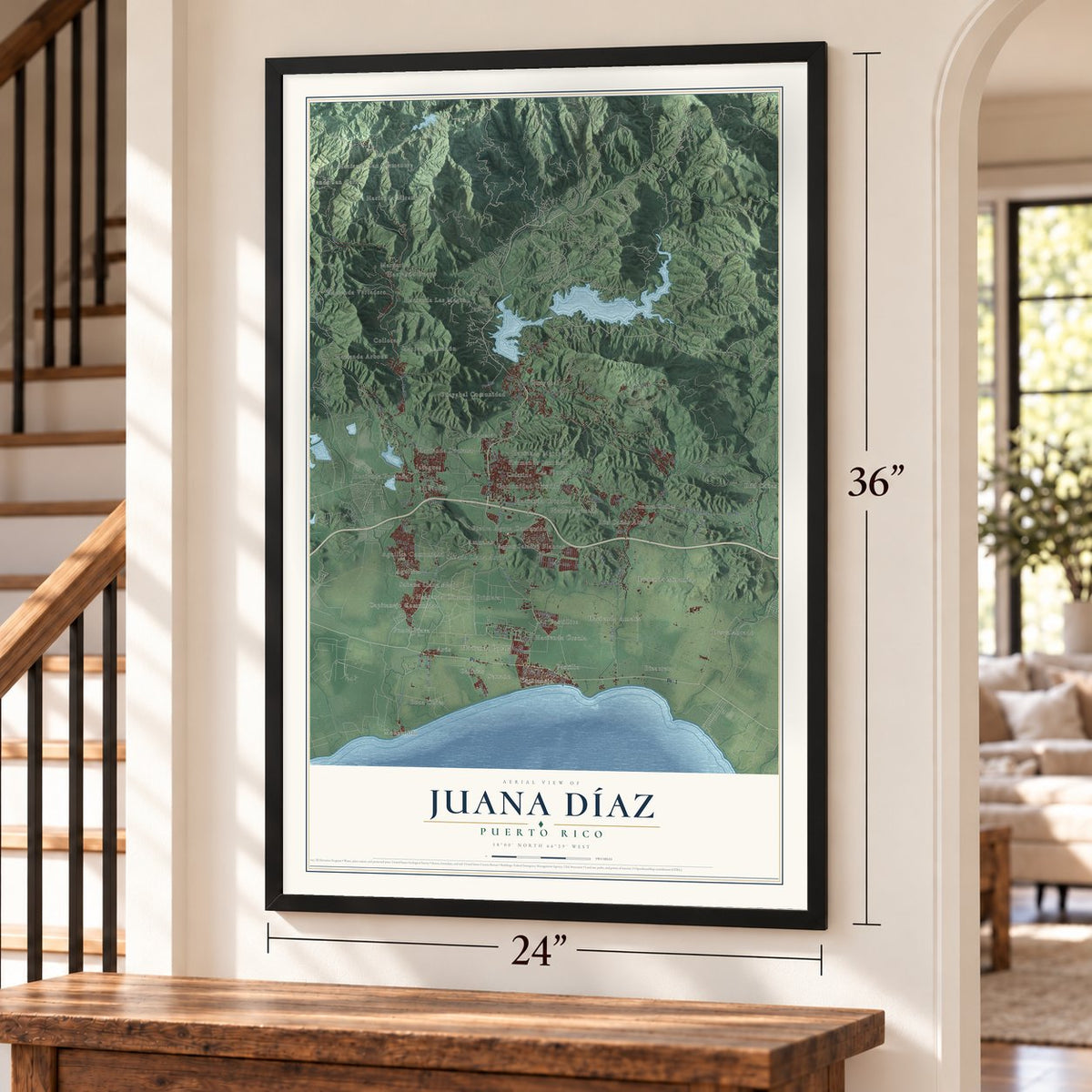 Juana Díaz, Puerto Rico map, 24 x 36 inch print in a black frame by a staircase