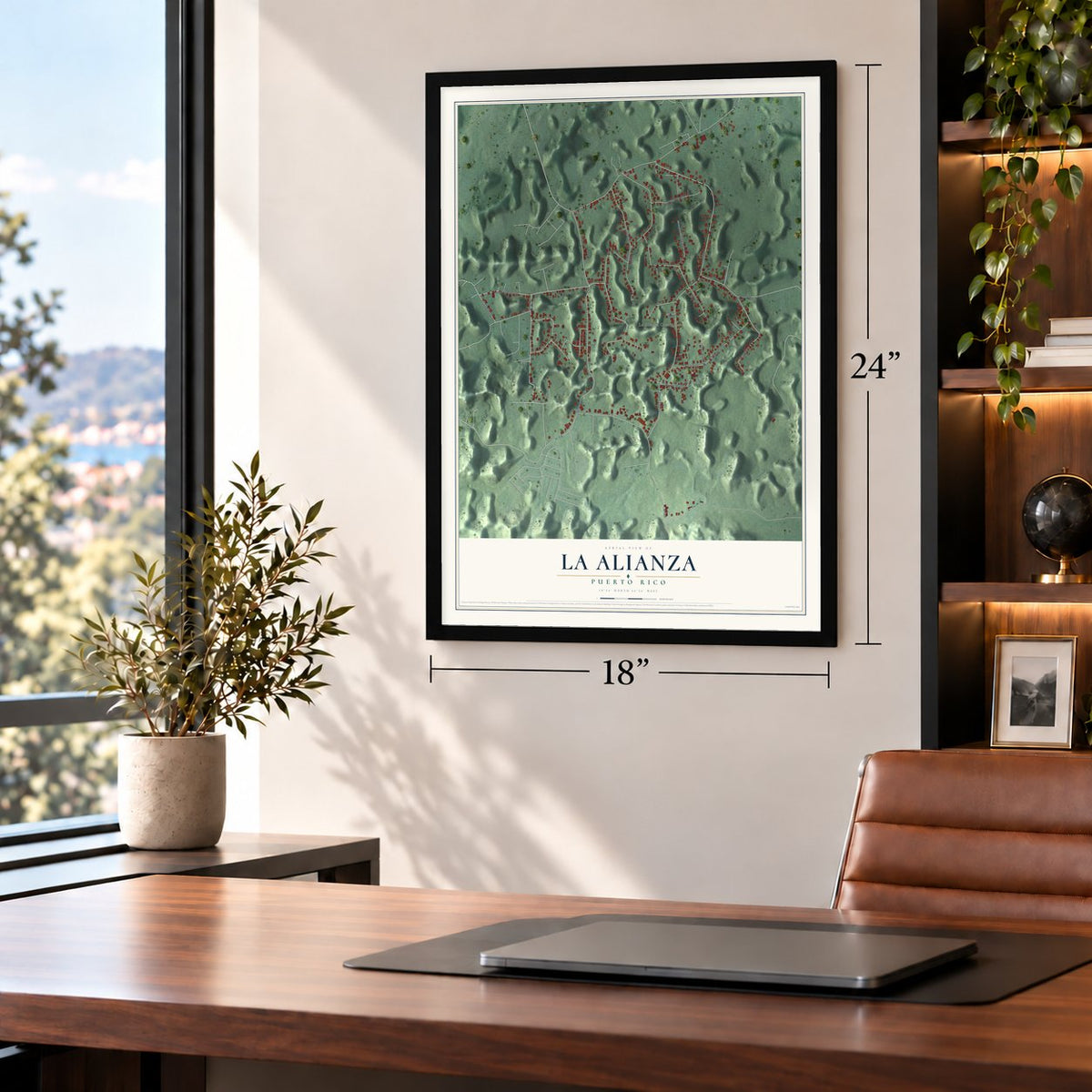 La Alianza, Puerto Rico map, 18 x 24 inch print in a black frame in a home office