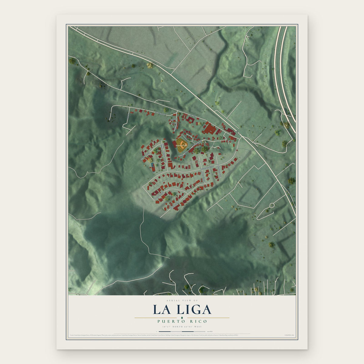 La Liga, Puerto Rico map print, the full design