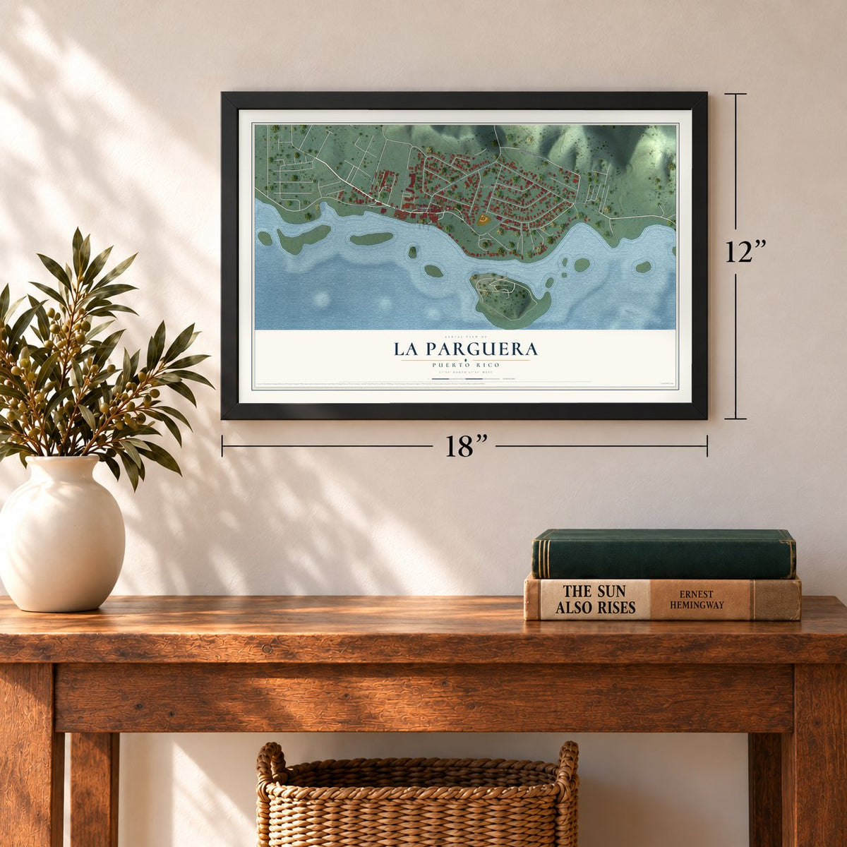 La Parguera, Puerto Rico map, 12 x 18 inch print in a black frame in an entryway