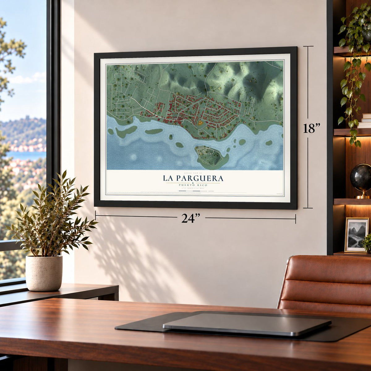 La Parguera, Puerto Rico map, 18 x 24 inch print in a black frame in a home office