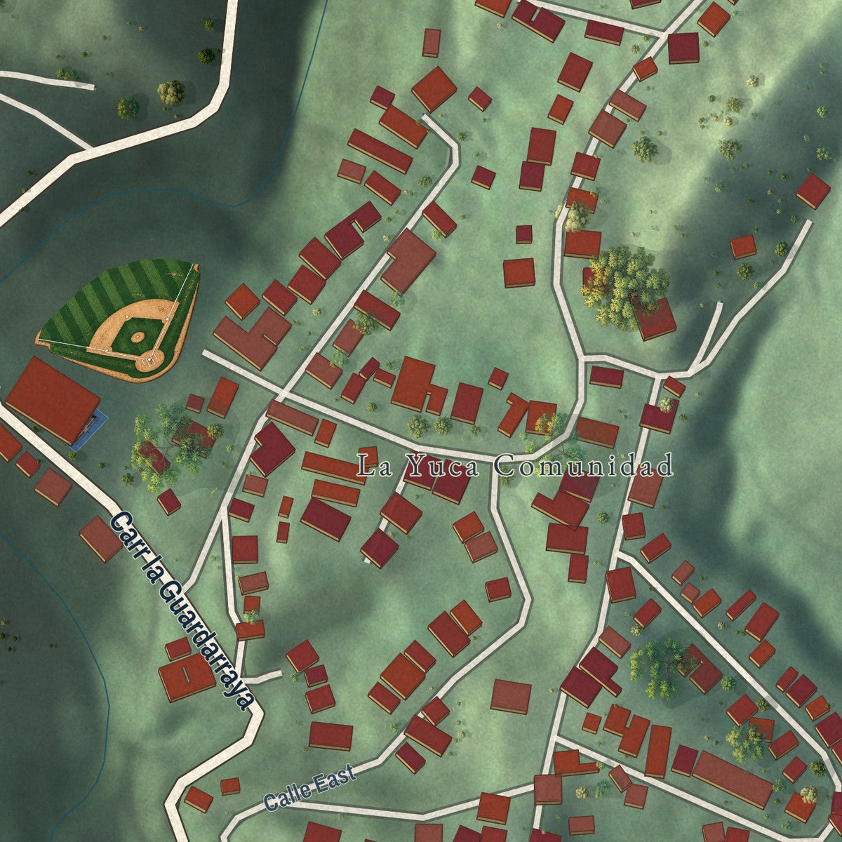Close-up of the map of La Yuca, Puerto Rico print showing street and building detail