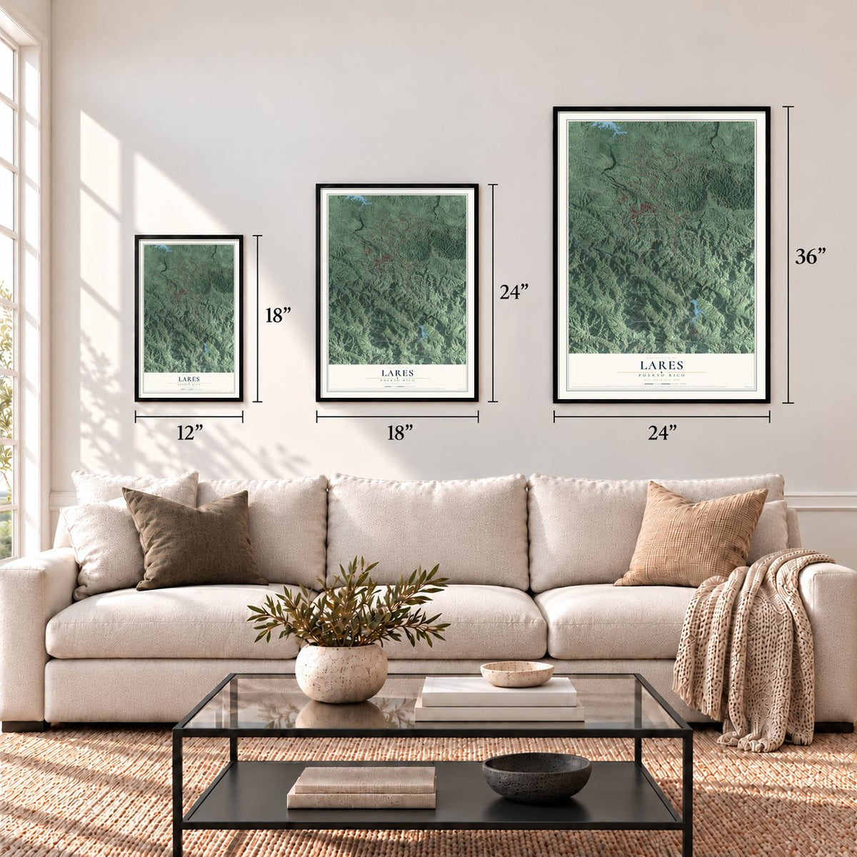 Lares, Puerto Rico map in 12 x 18, 18 x 24 and 24 x 36 inch sizes above a sofa
