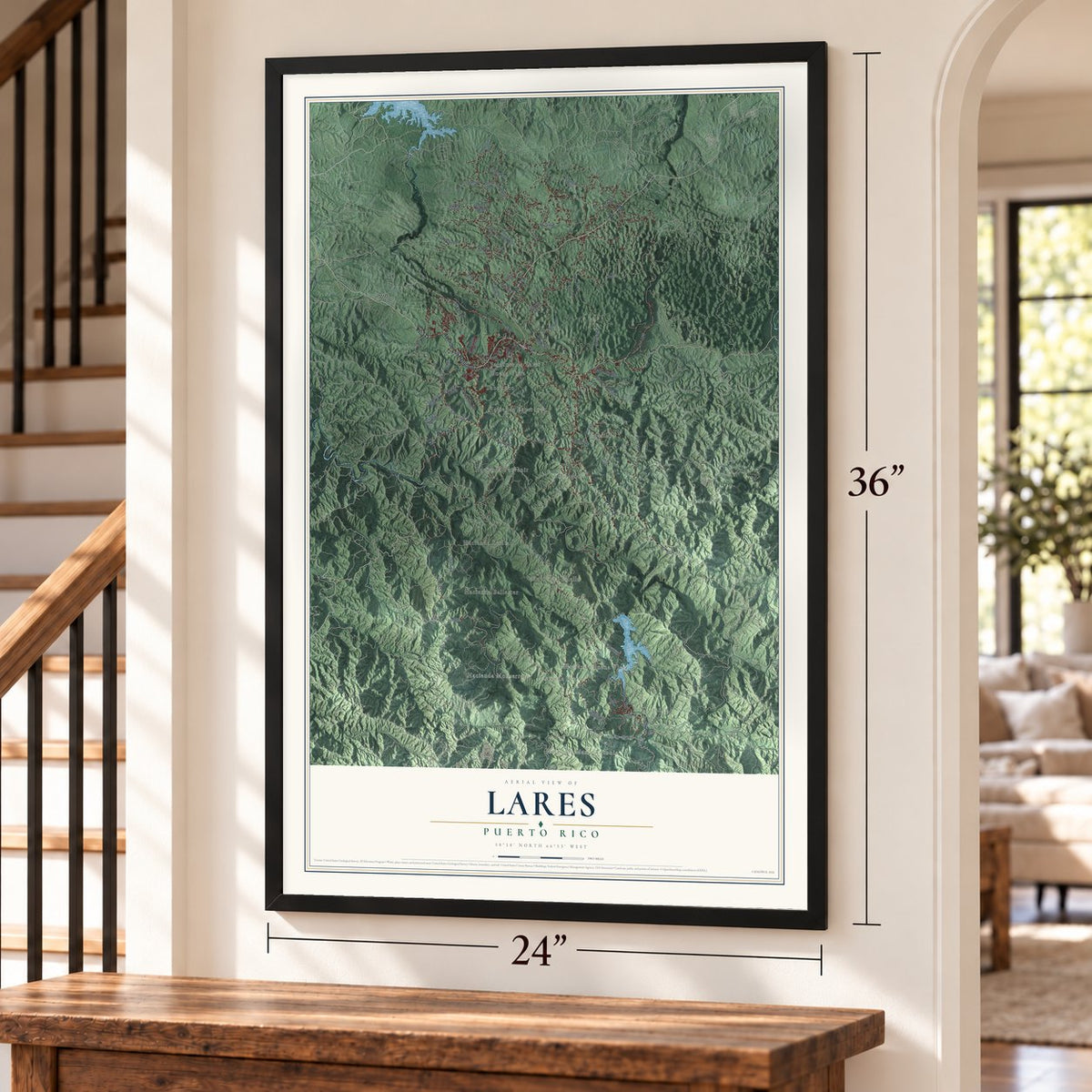 Lares, Puerto Rico map, 24 x 36 inch print in a black frame by a staircase