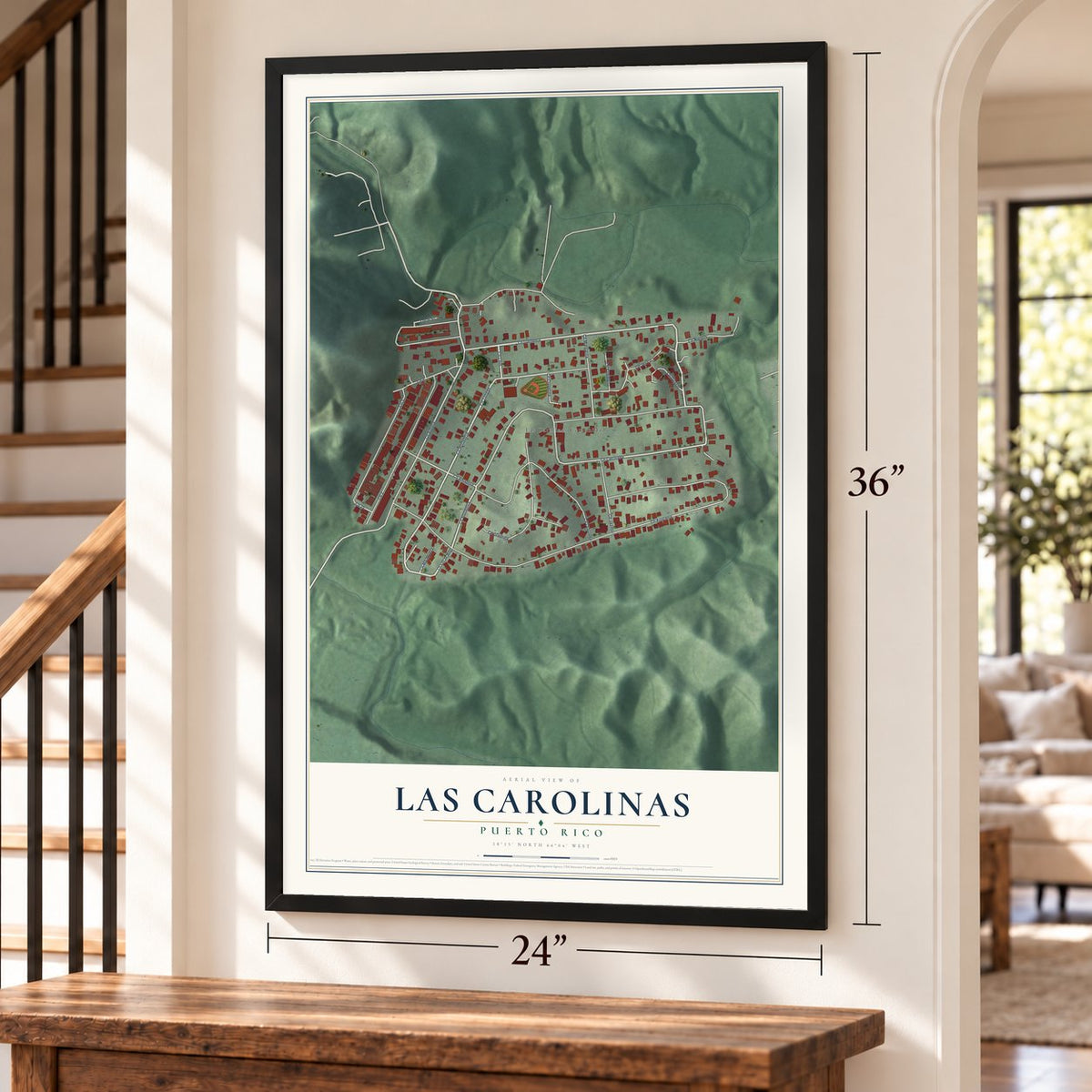 Las Carolinas, Puerto Rico map, 24 x 36 inch print in a black frame by a staircase