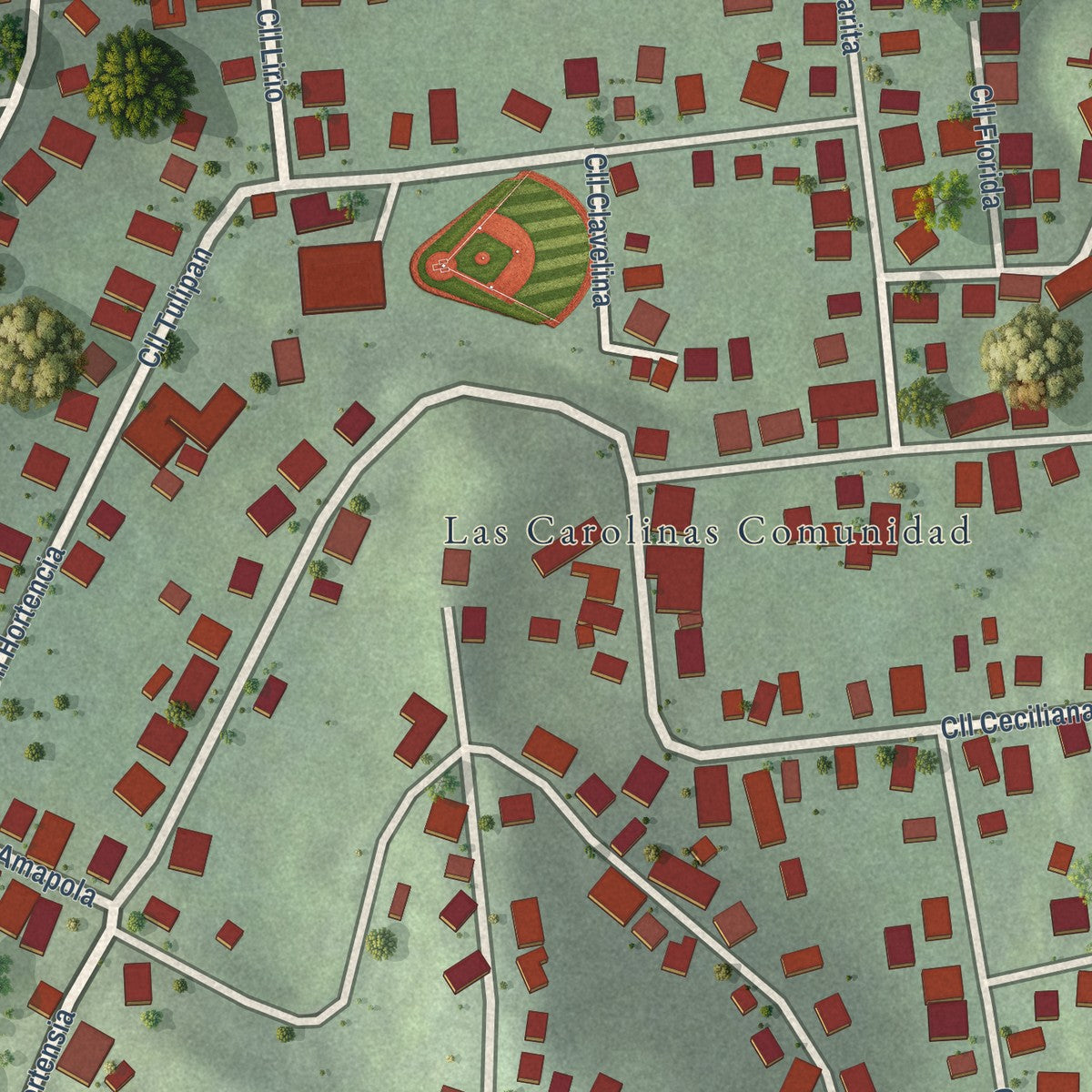 Close-up of the map of Las Carolinas, Puerto Rico print showing street and building detail