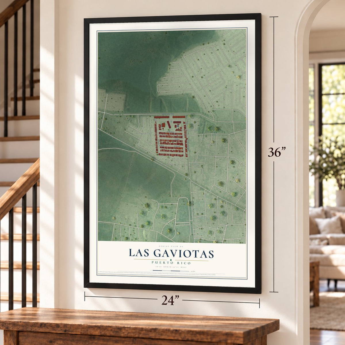 Las Gaviotas, Puerto Rico map, 24 x 36 inch print in a black frame by a staircase