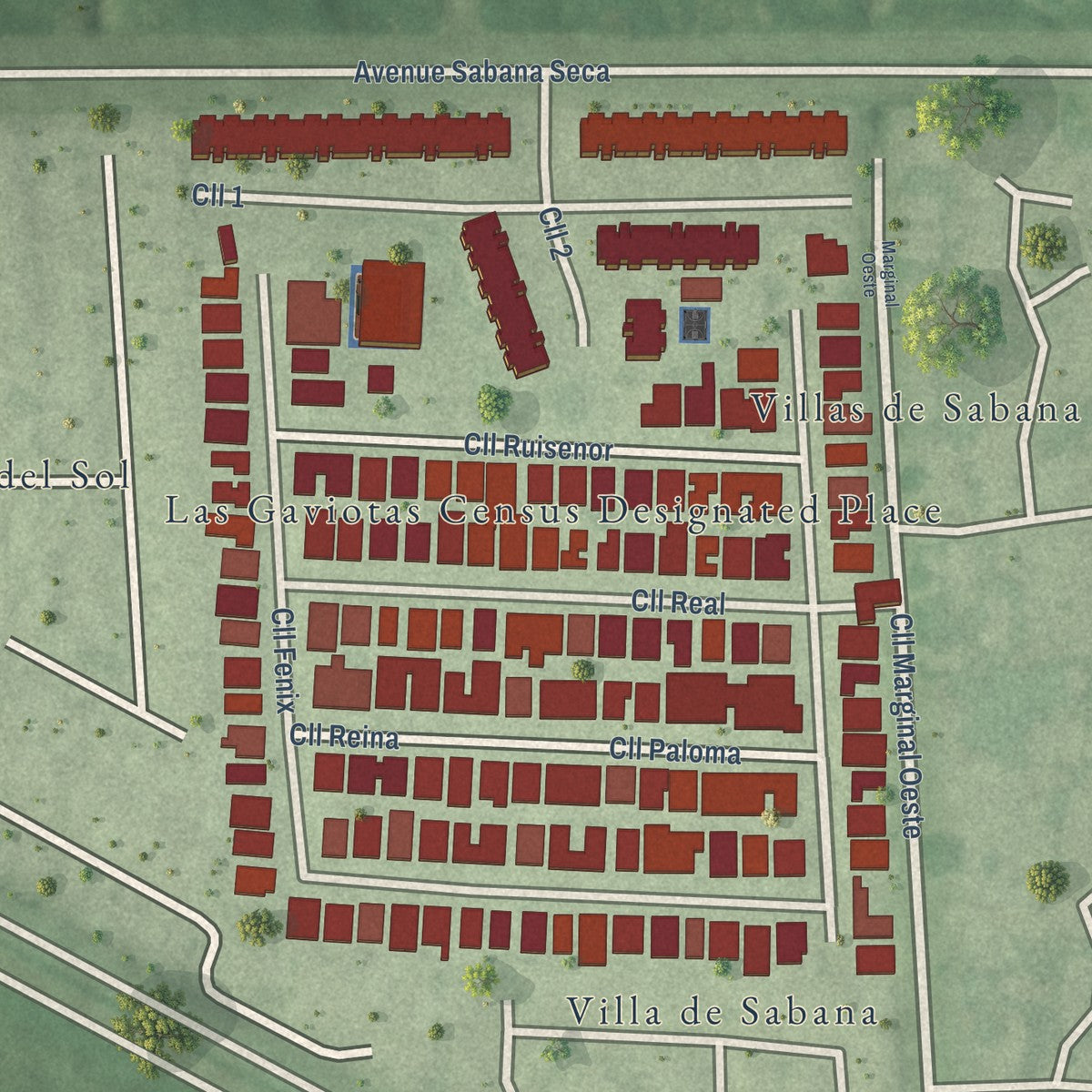 Close-up of the map of Las Gaviotas, Puerto Rico print showing street and building detail