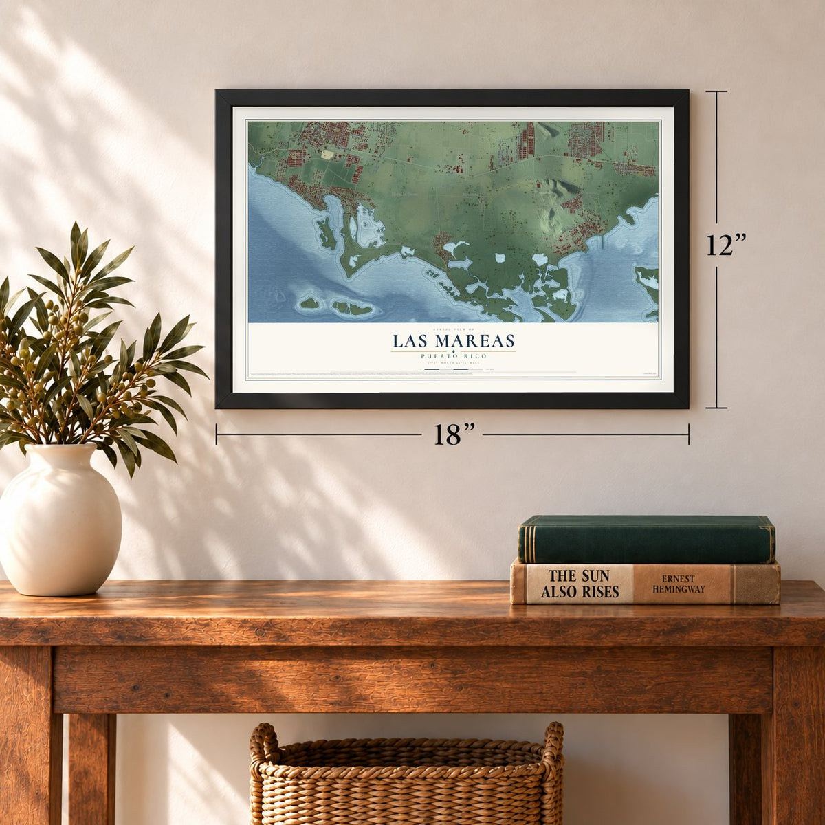 Las Mareas, Puerto Rico map, 12 x 18 inch print in a black frame in an entryway