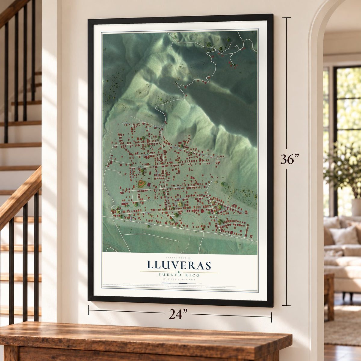 Lluveras, Puerto Rico map, 24 x 36 inch print in a black frame by a staircase