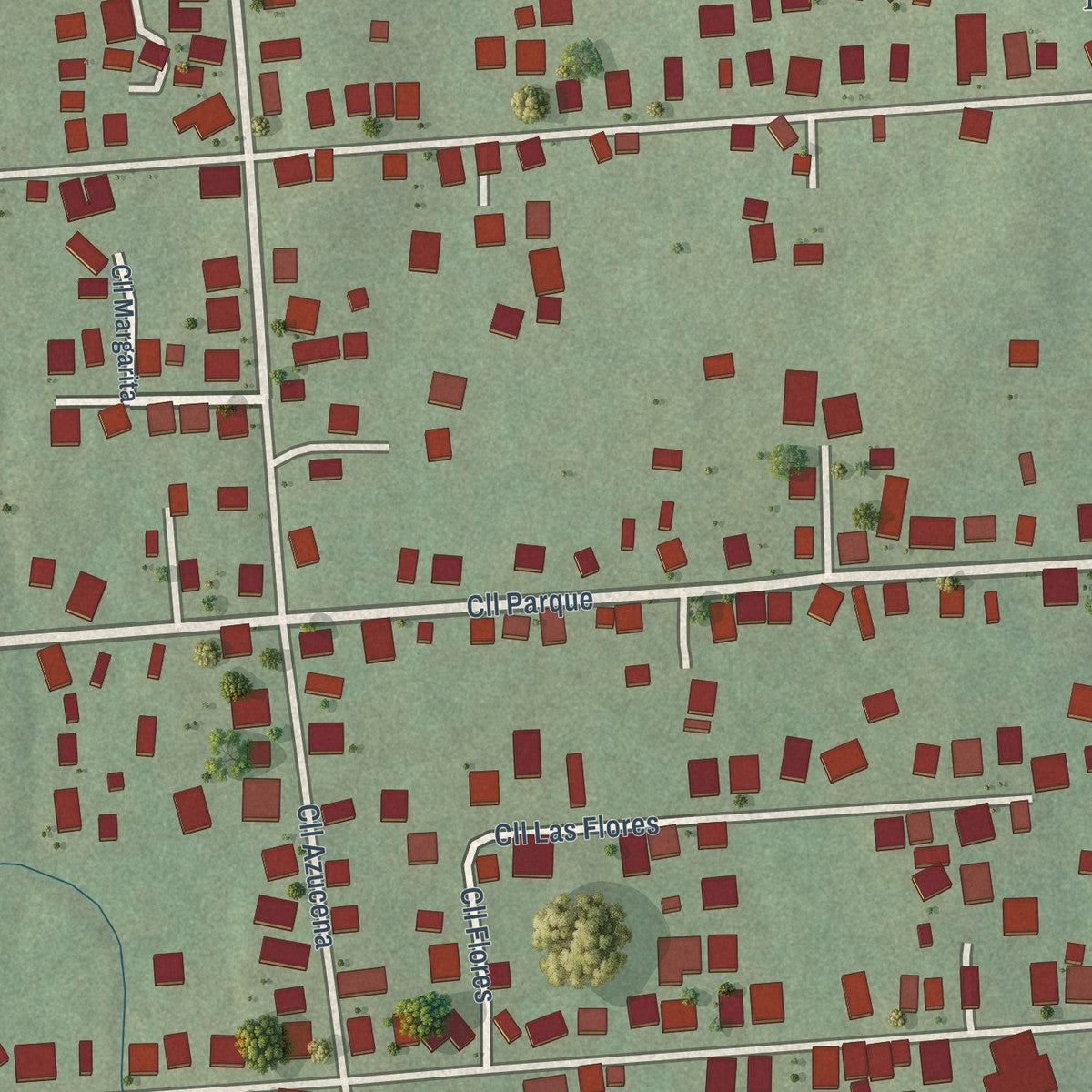 Close-up of the map of Lluveras, Puerto Rico print showing street and building detail
