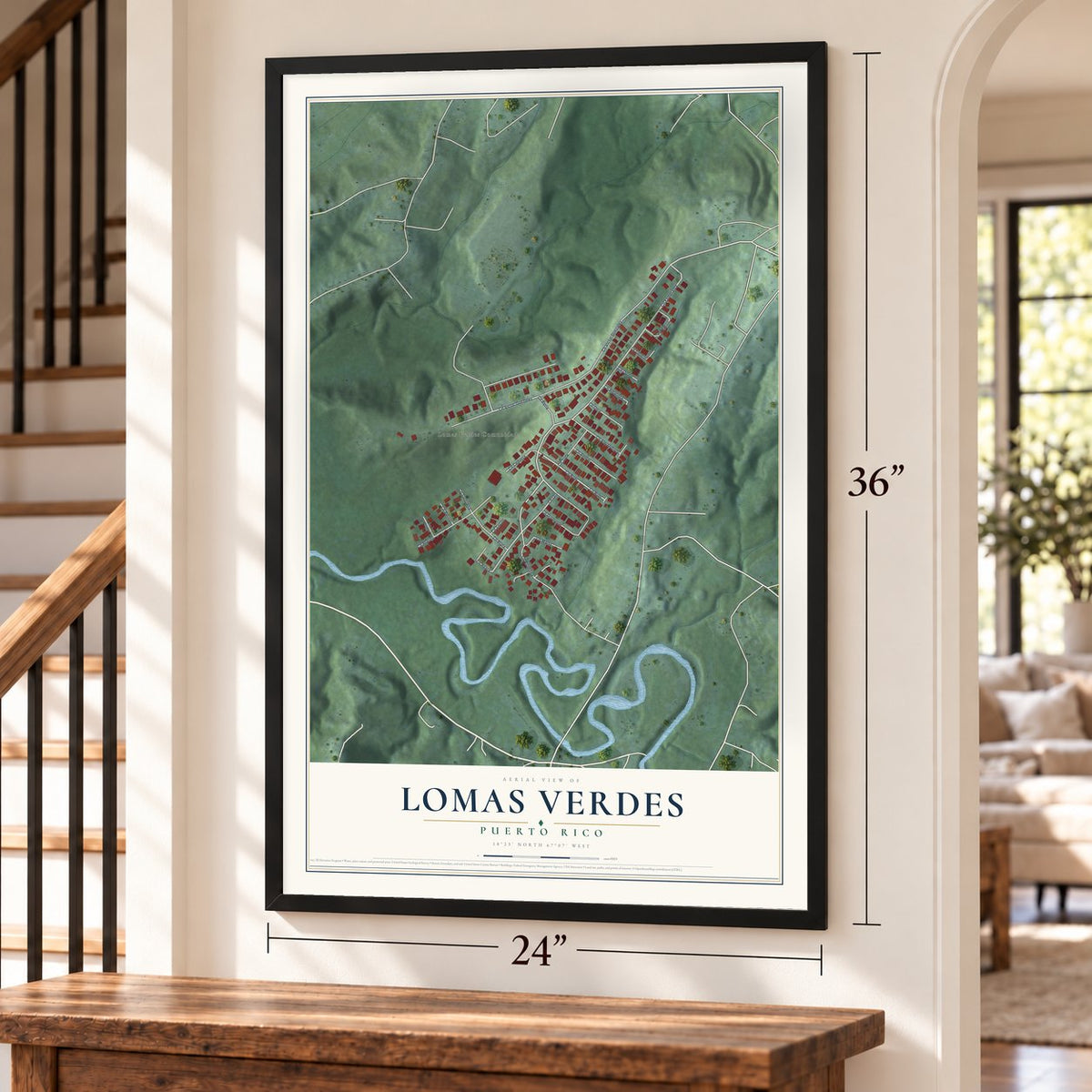 Lomas Verdes, Puerto Rico map, 24 x 36 inch print in a black frame by a staircase