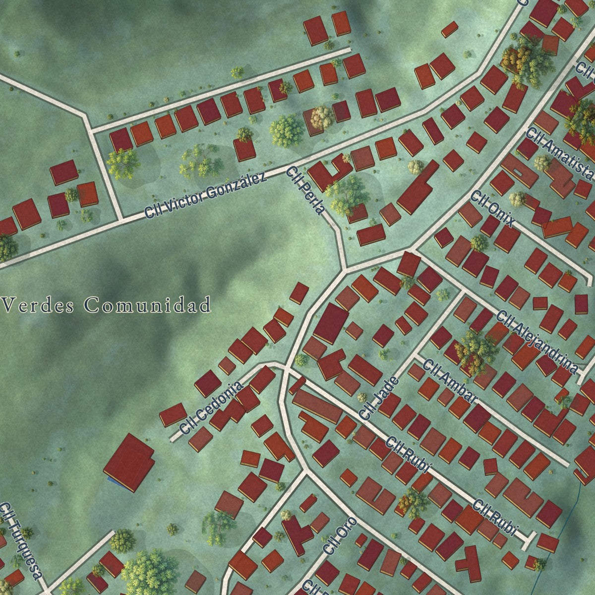 Close-up of the map of Lomas Verdes, Puerto Rico print showing street and building detail