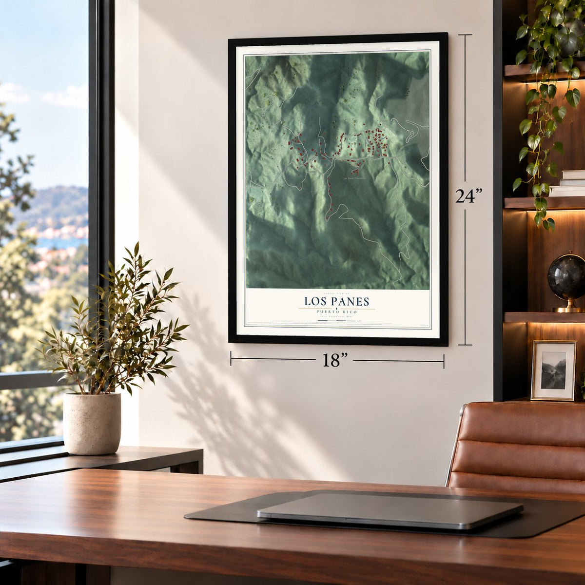 Los Panes, Puerto Rico map, 18 x 24 inch print in a black frame in a home office