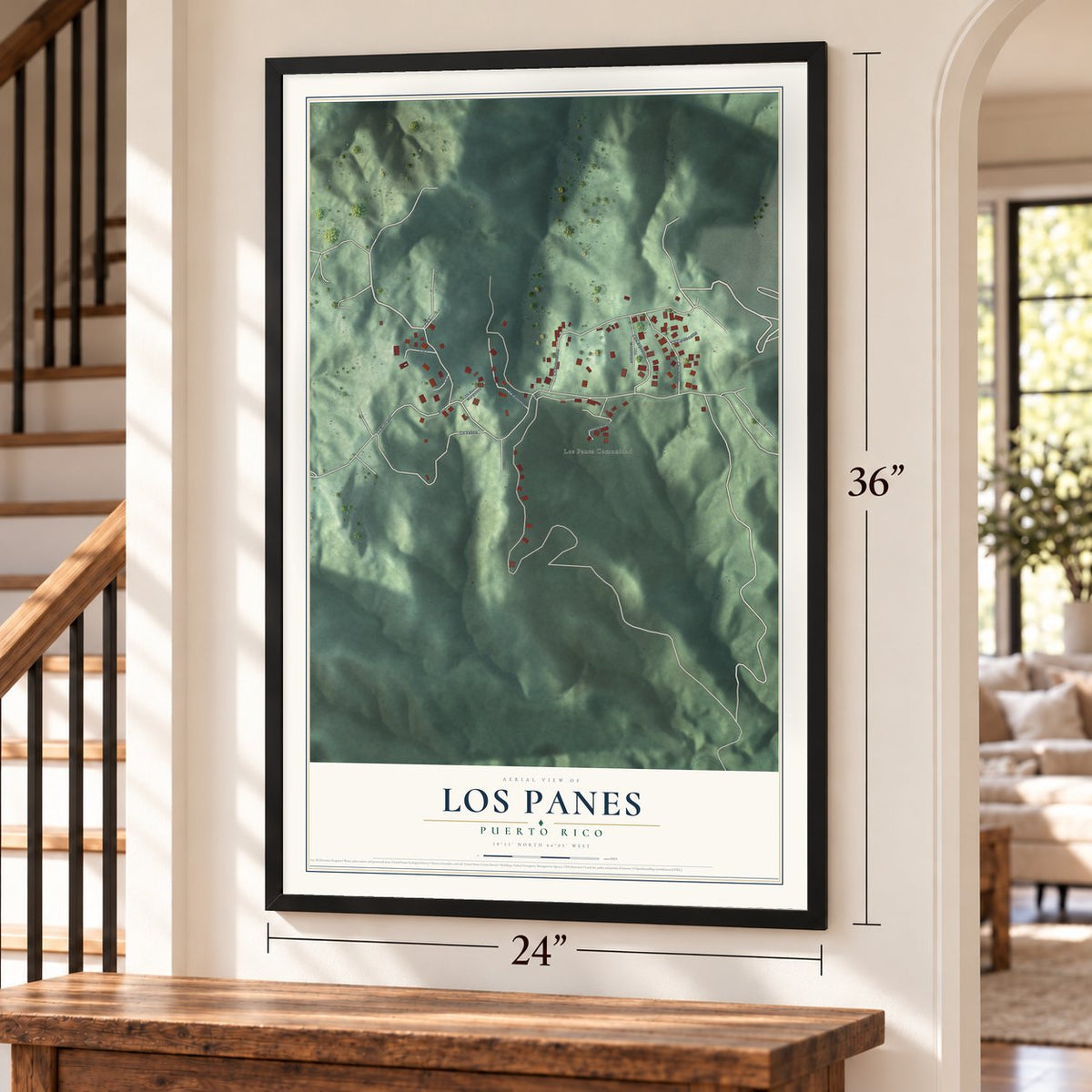 Los Panes, Puerto Rico map, 24 x 36 inch print in a black frame by a staircase