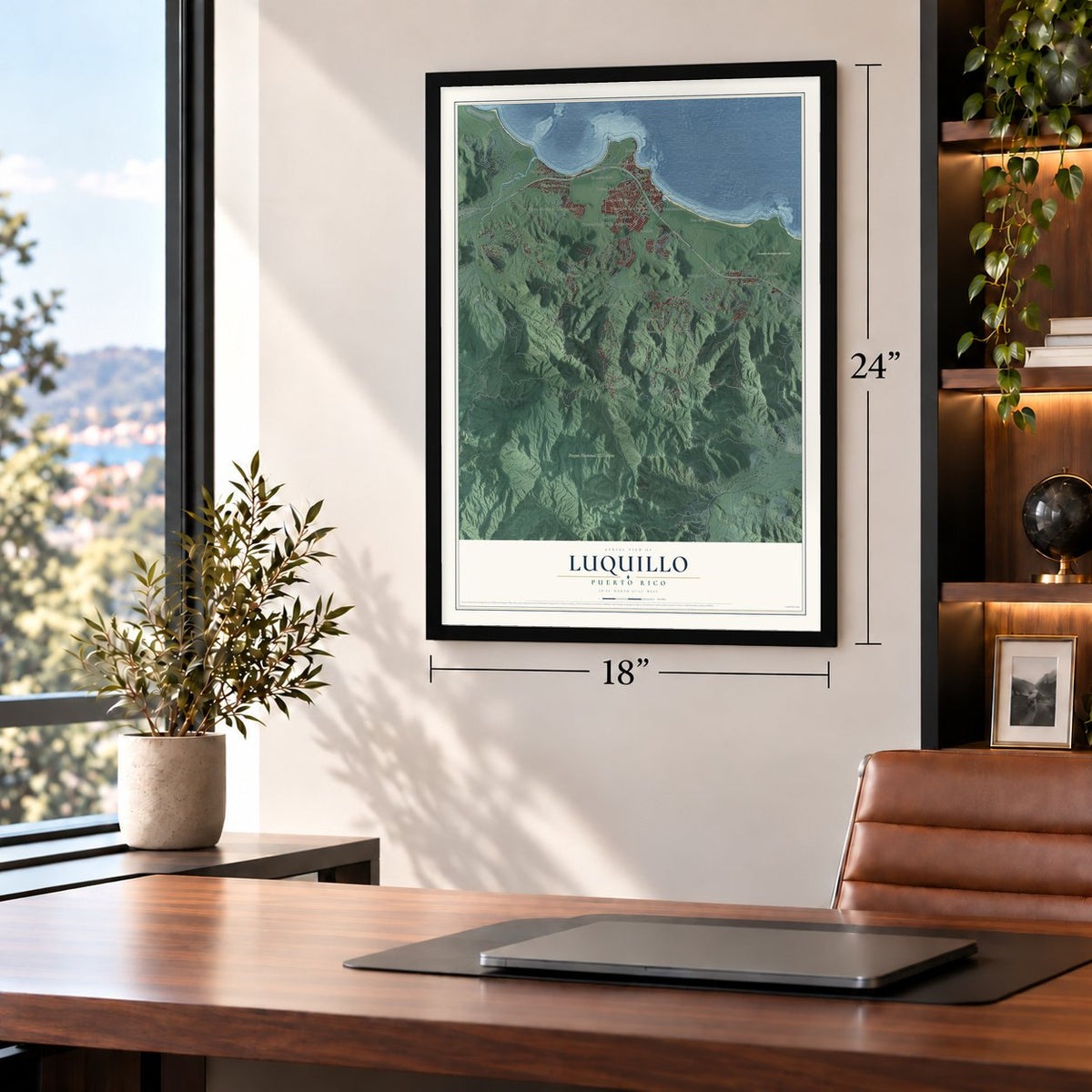 Luquillo, Puerto Rico map, 18 x 24 inch print in a black frame in a home office