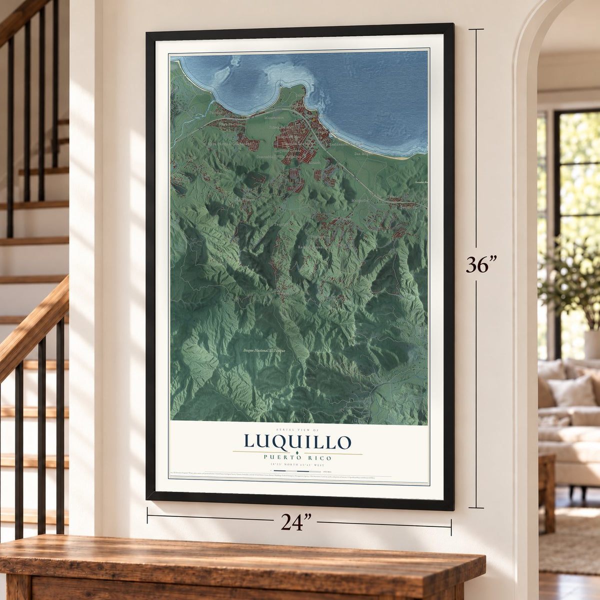 Luquillo, Puerto Rico map, 24 x 36 inch print in a black frame by a staircase