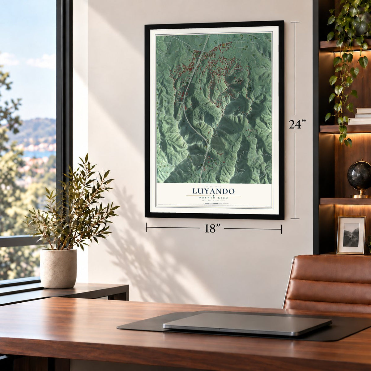 Luyando, Puerto Rico map, 18 x 24 inch print in a black frame in a home office