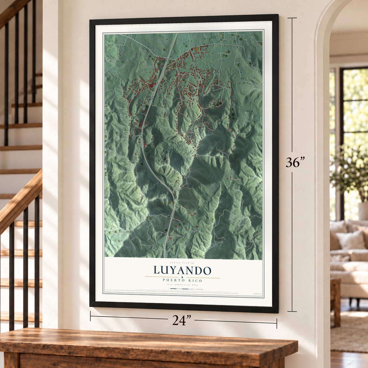 Luyando, Puerto Rico map, 24 x 36 inch print in a black frame by a staircase