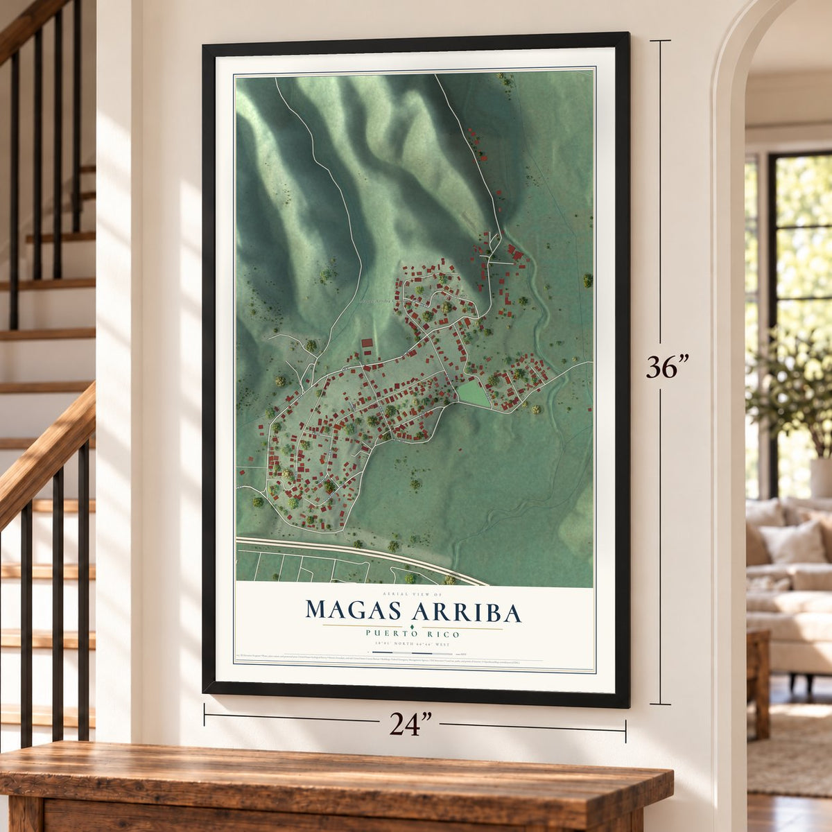 Magas Arriba, Puerto Rico map, 24 x 36 inch print in a black frame by a staircase