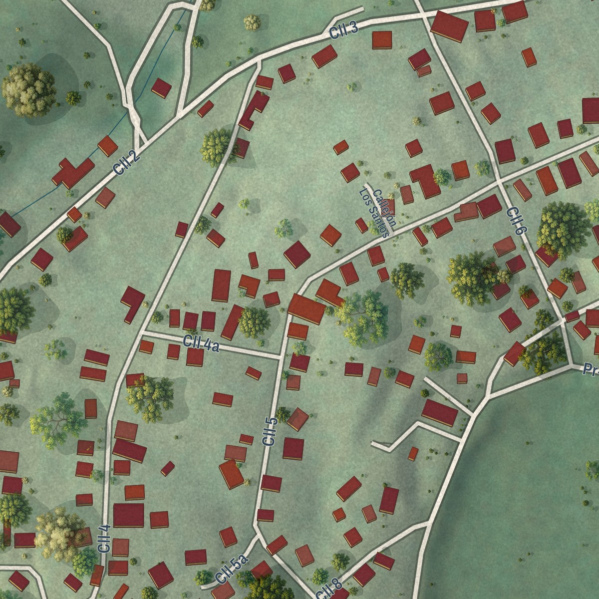 Close-up of the map of Magas Arriba, Puerto Rico print showing street and building detail