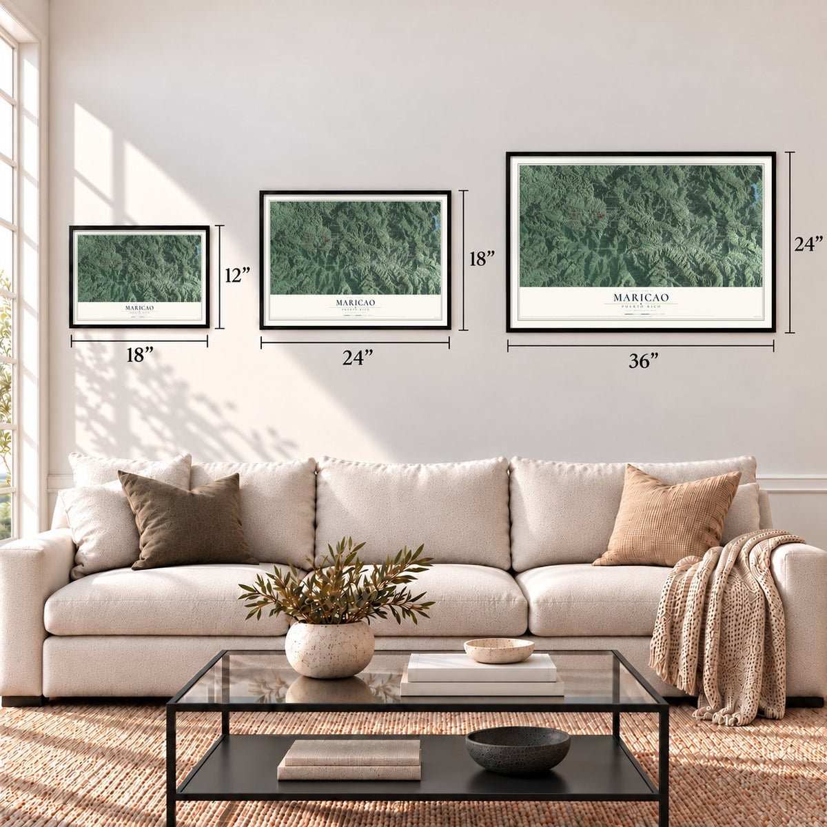 Maricao, Puerto Rico map in 12 x 18, 18 x 24 and 24 x 36 inch sizes above a sofa