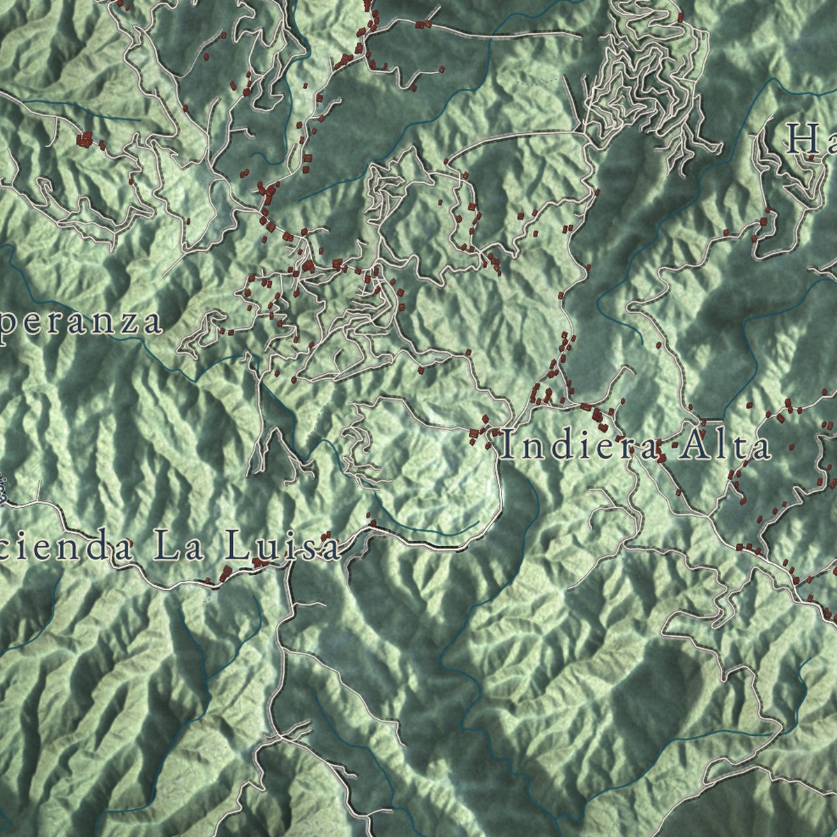 Close-up of the map of Maricao, Puerto Rico print showing street and building detail