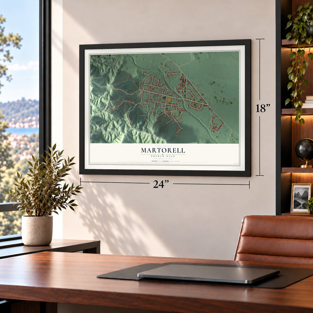Martorell, Puerto Rico map, 18 x 24 inch print in a black frame in a home office