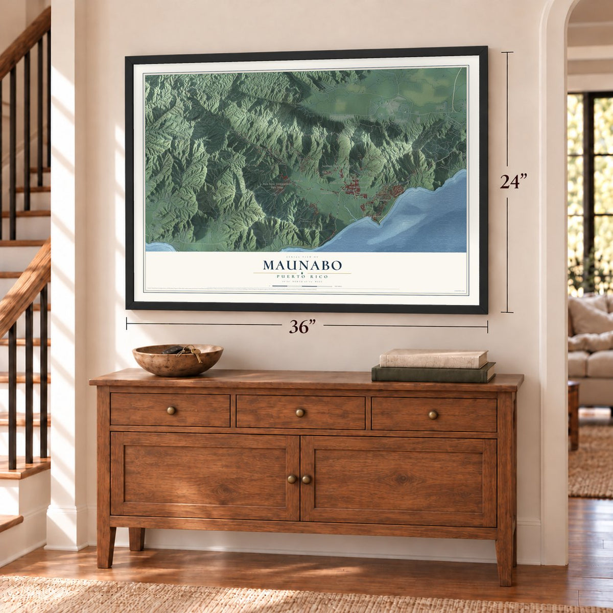 Maunabo, Puerto Rico map, 24 x 36 inch print in a black frame above a dresser by a staircase