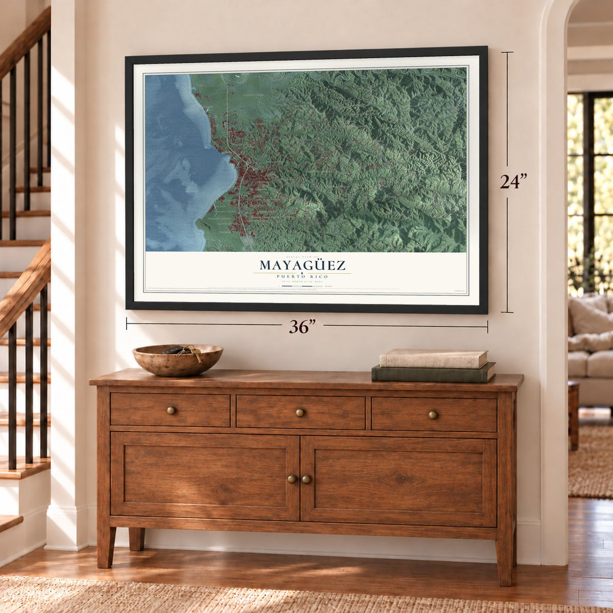 Mayagüez, Puerto Rico map, 24 x 36 inch print in a black frame above a dresser by a staircase