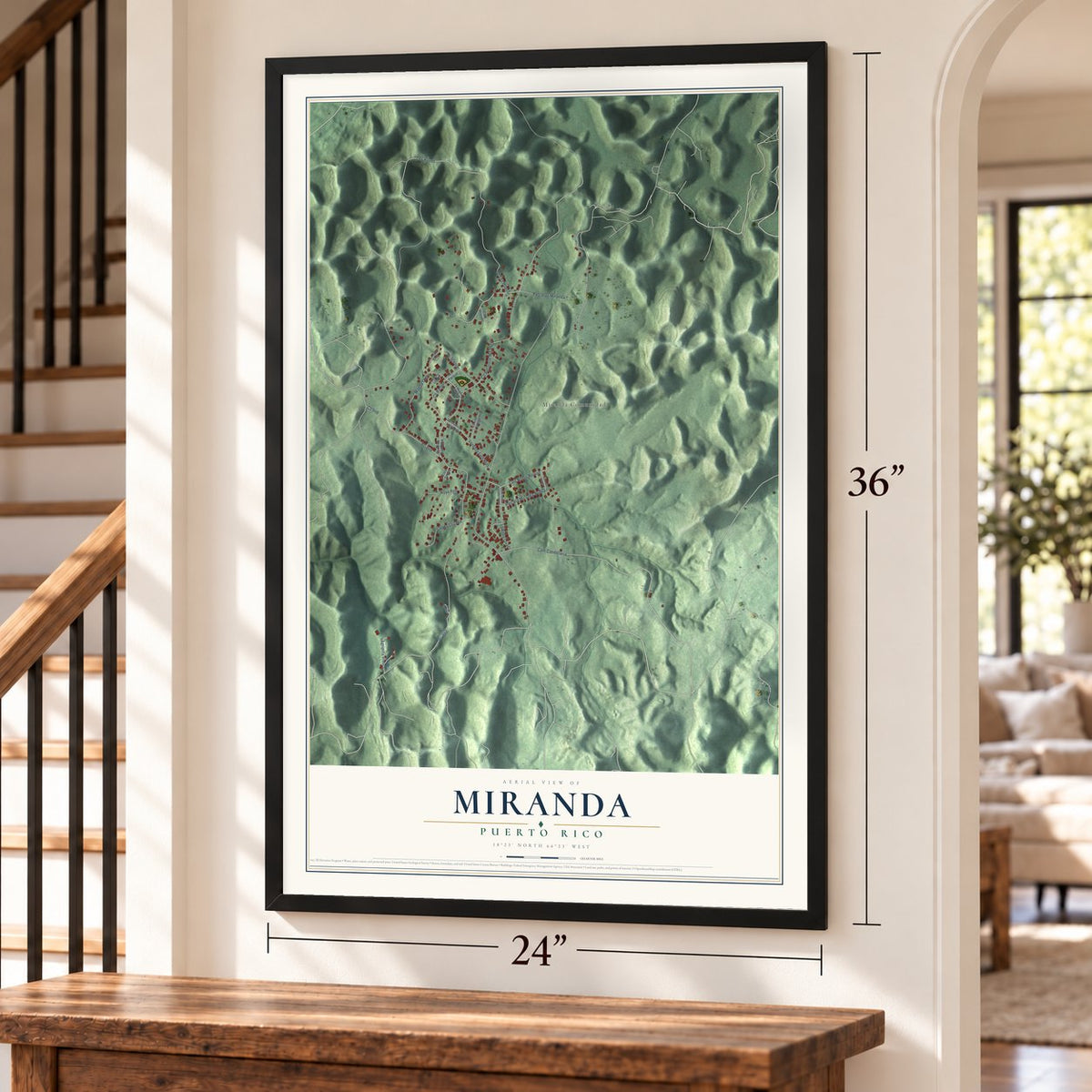 Miranda, Puerto Rico map, 24 x 36 inch print in a black frame by a staircase