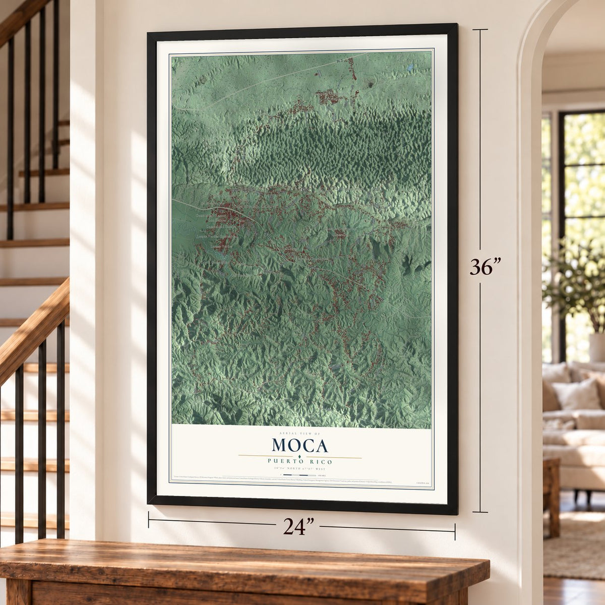 Moca, Puerto Rico map, 24 x 36 inch print in a black frame by a staircase