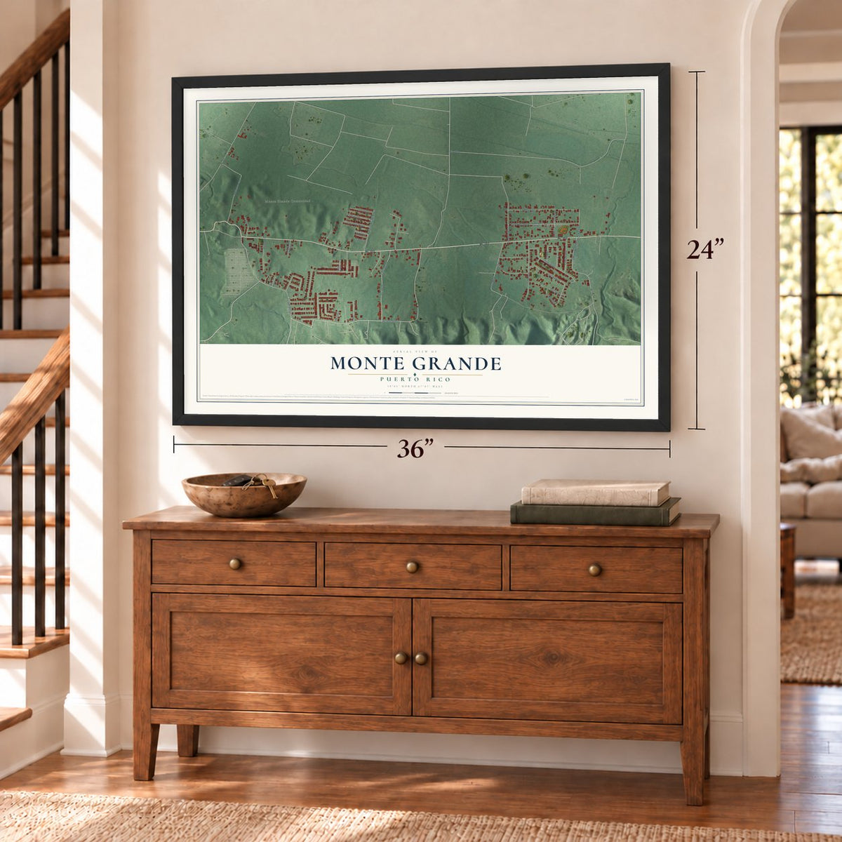 Monte Grande, Puerto Rico map, 24 x 36 inch print in a black frame above a dresser by a staircase