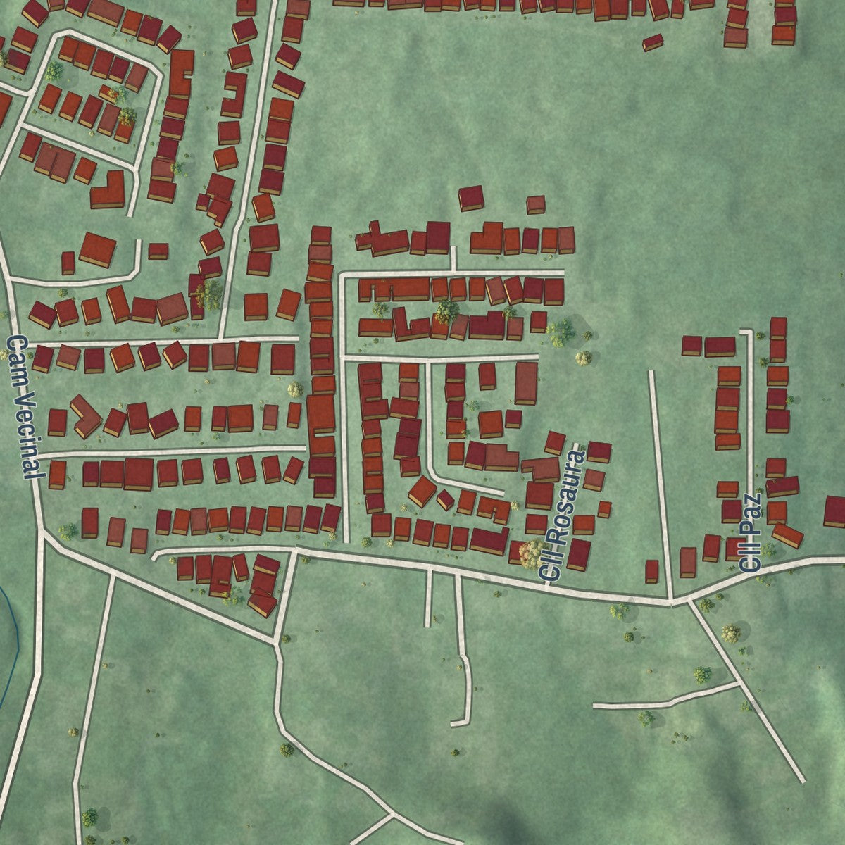 Close-up of the map of Monte Grande, Puerto Rico print showing street and building detail