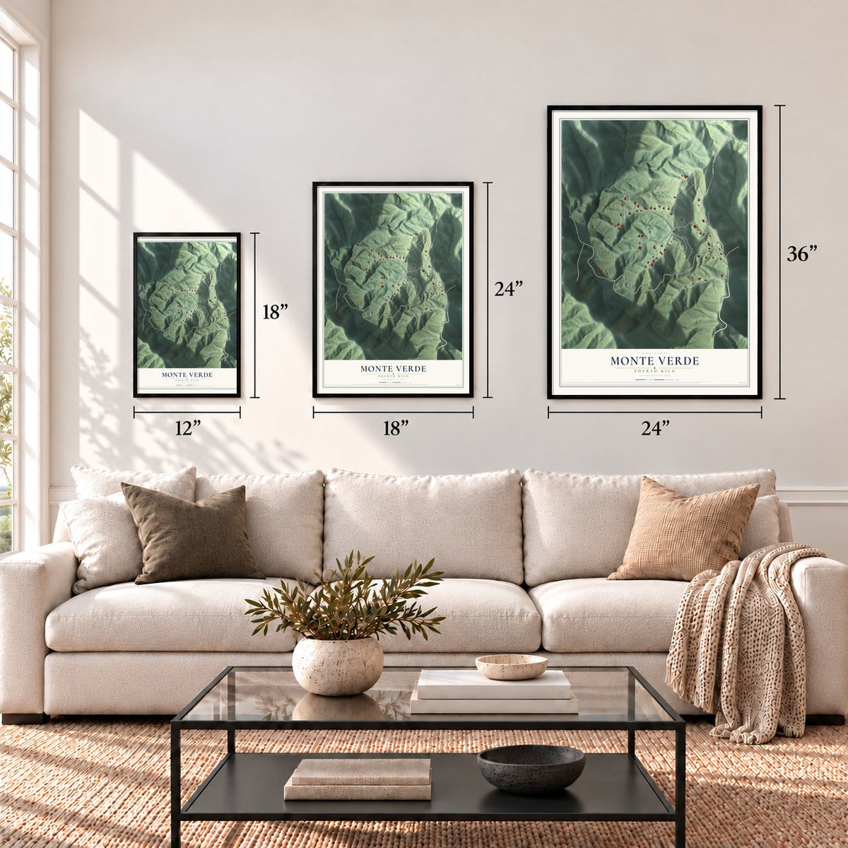 Monte Verde, Puerto Rico map in 12 x 18, 18 x 24 and 24 x 36 inch sizes above a sofa