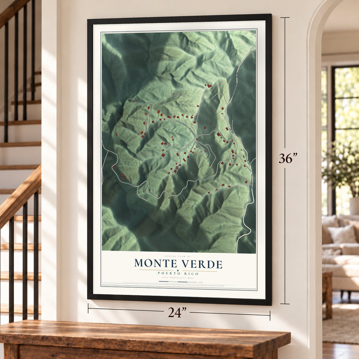 Monte Verde, Puerto Rico map, 24 x 36 inch print in a black frame by a staircase