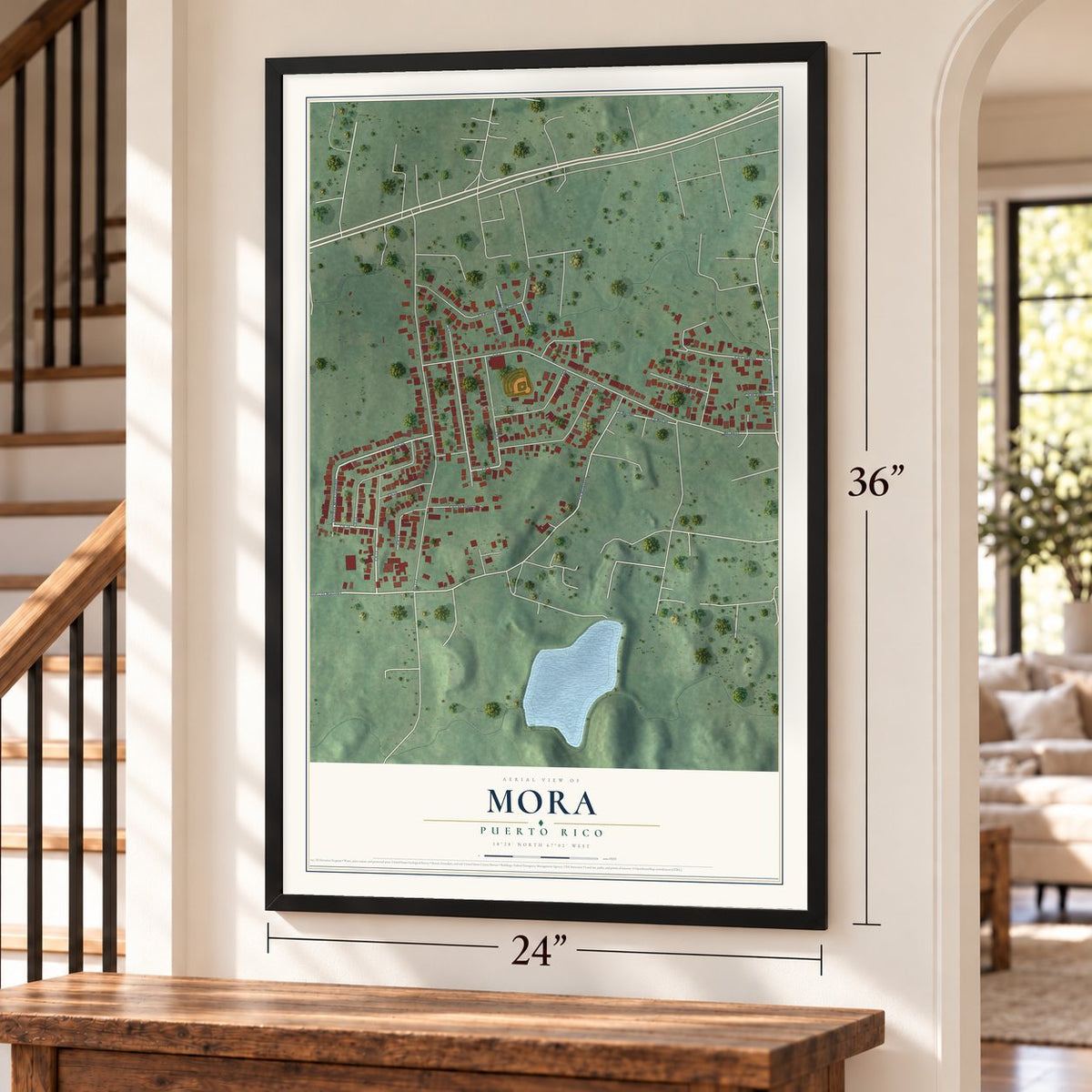 Mora, Puerto Rico map, 24 x 36 inch print in a black frame by a staircase